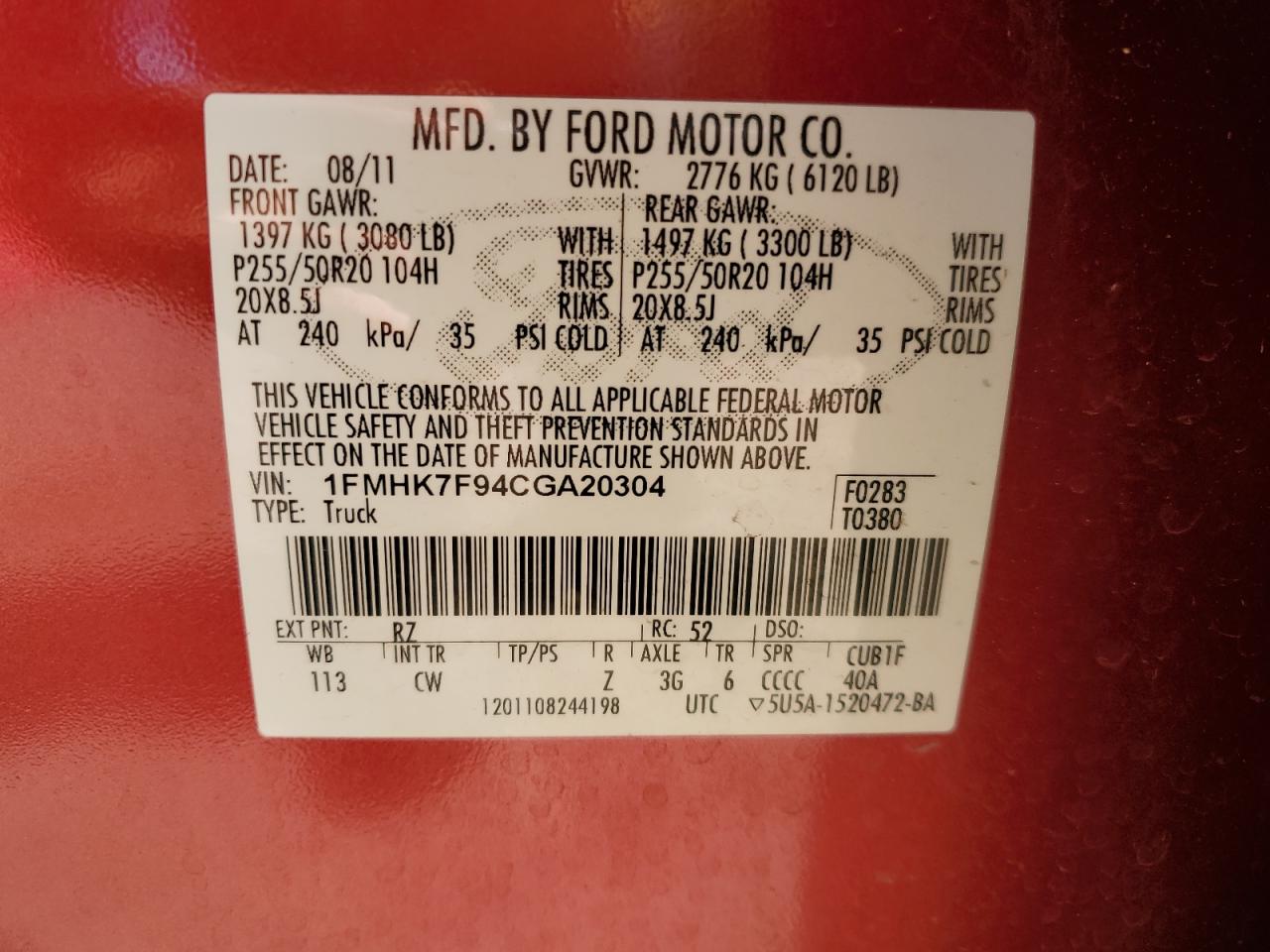 2012 Ford Explorer Limited VIN: 1FMHK7F94CGA20304 Lot: 62524855