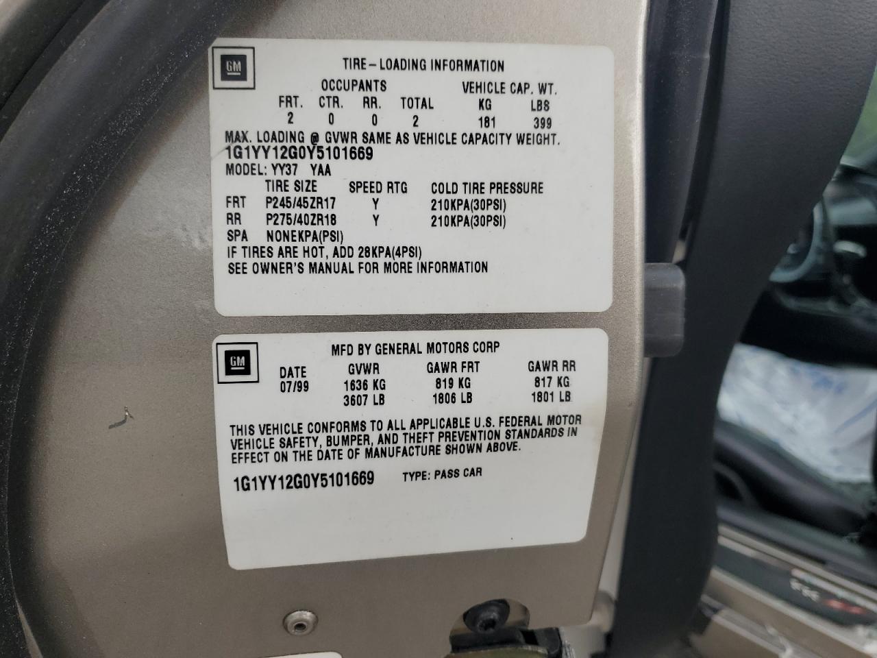 1g1yy12g0y5101669 1G1YY12G0Y5101669 2000 Chevrolet Corvette