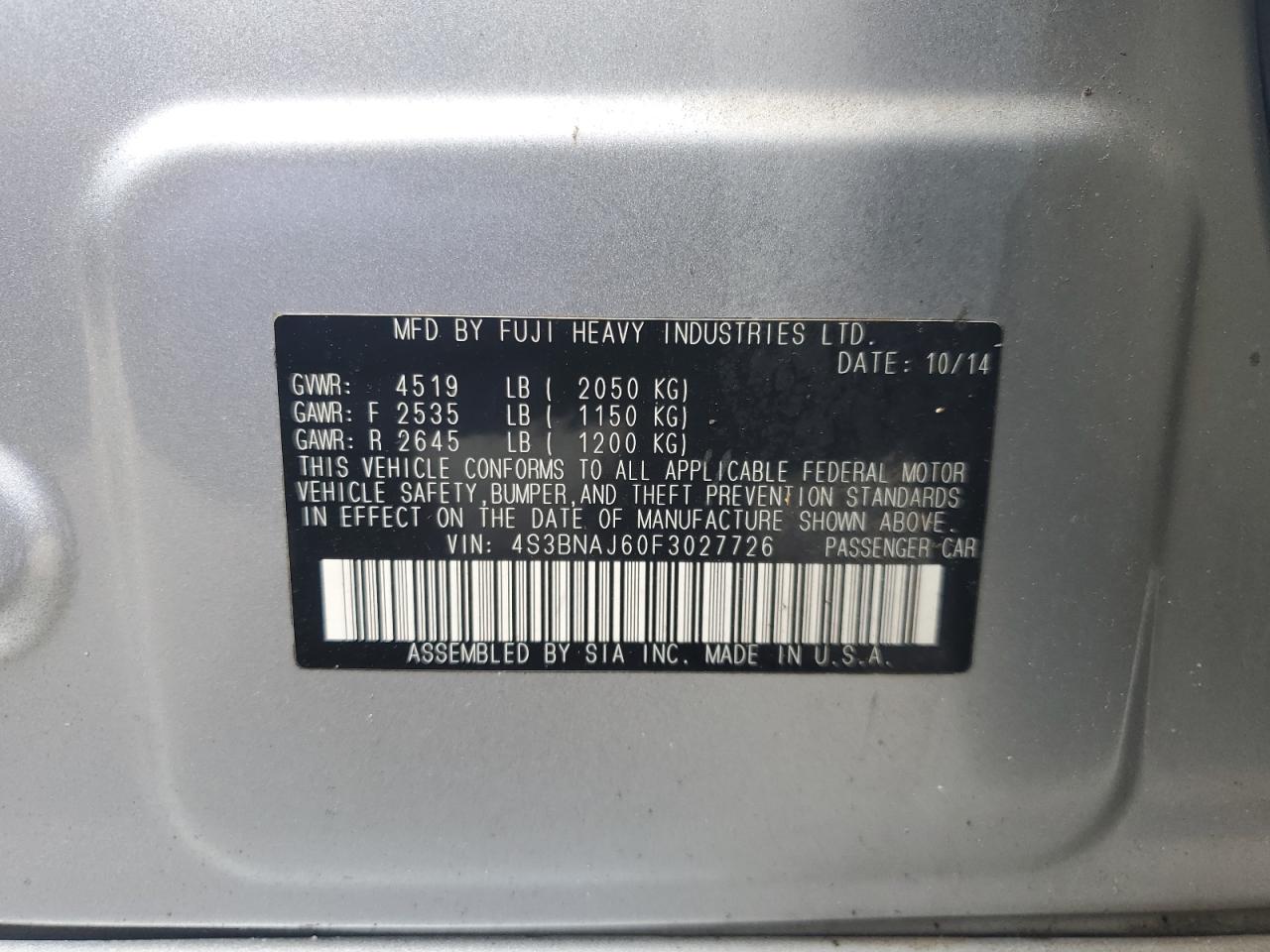 SUBARU LEGACY 2015 VIN 4S3BNAJ60F3027726 фото 13