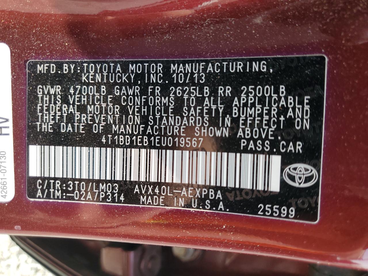 2014 Toyota Avalon Hybrid VIN: 4T1BD1EB1EU019567 Lot: 62054815