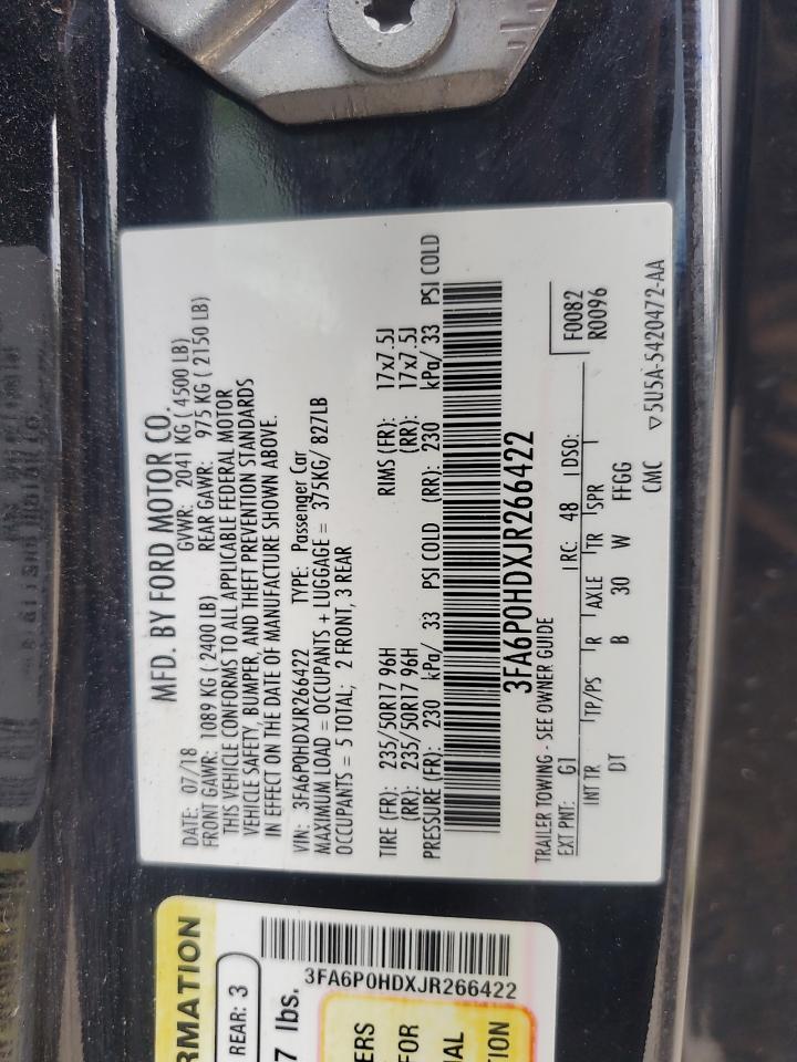 2018 Ford Fusion Se VIN: 3FA6P0HDXJR266422 Lot: 61991155
