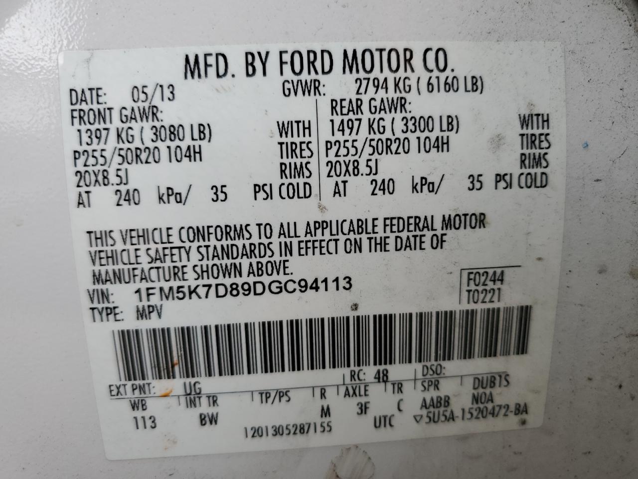 2013 Ford Explorer Xlt VIN: 1FM5K7D89DGC94113 Lot: 62998855