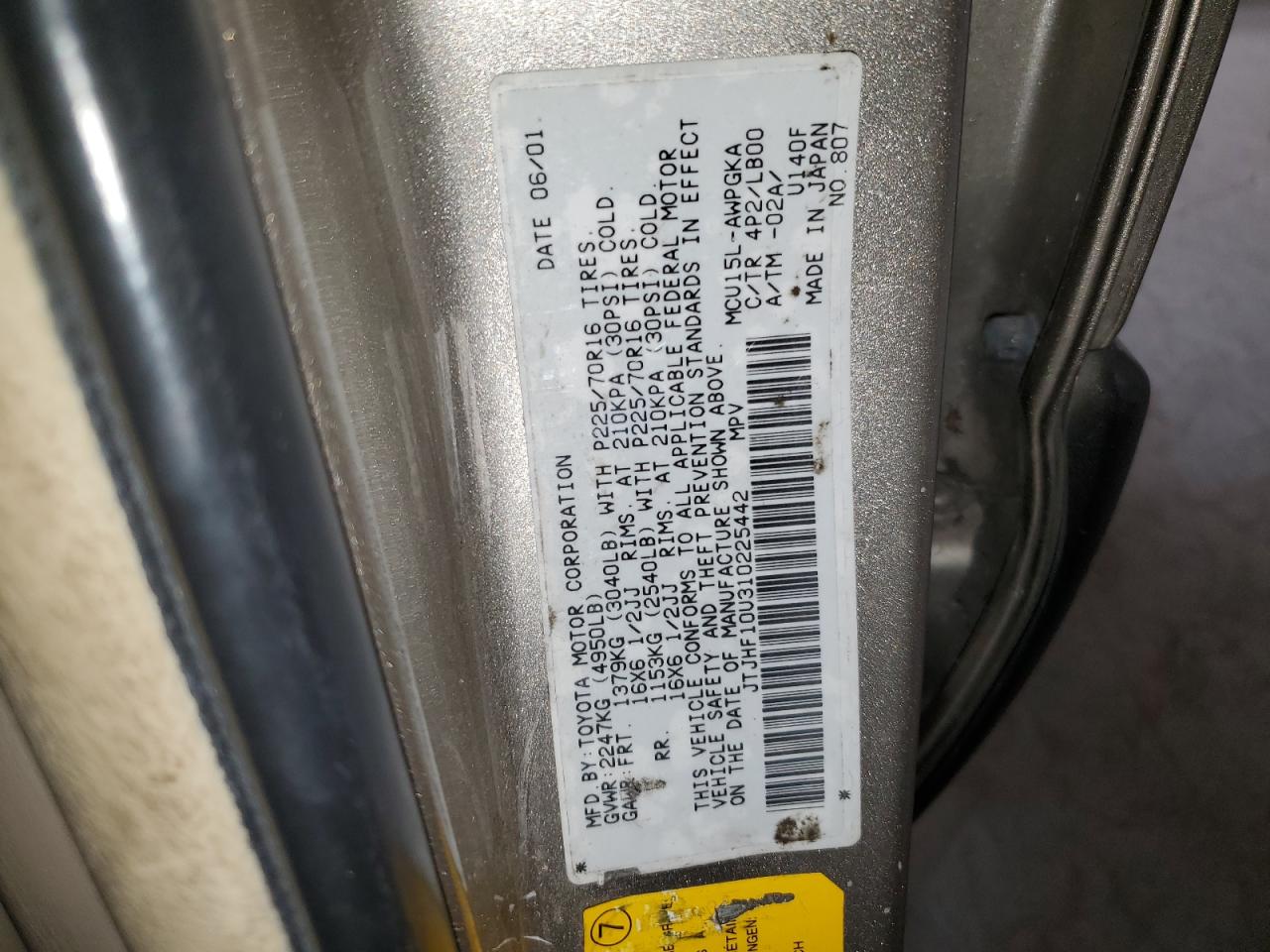 2001 Lexus Rx 300 VIN: JTJHF10U310225442 Lot: 60434245