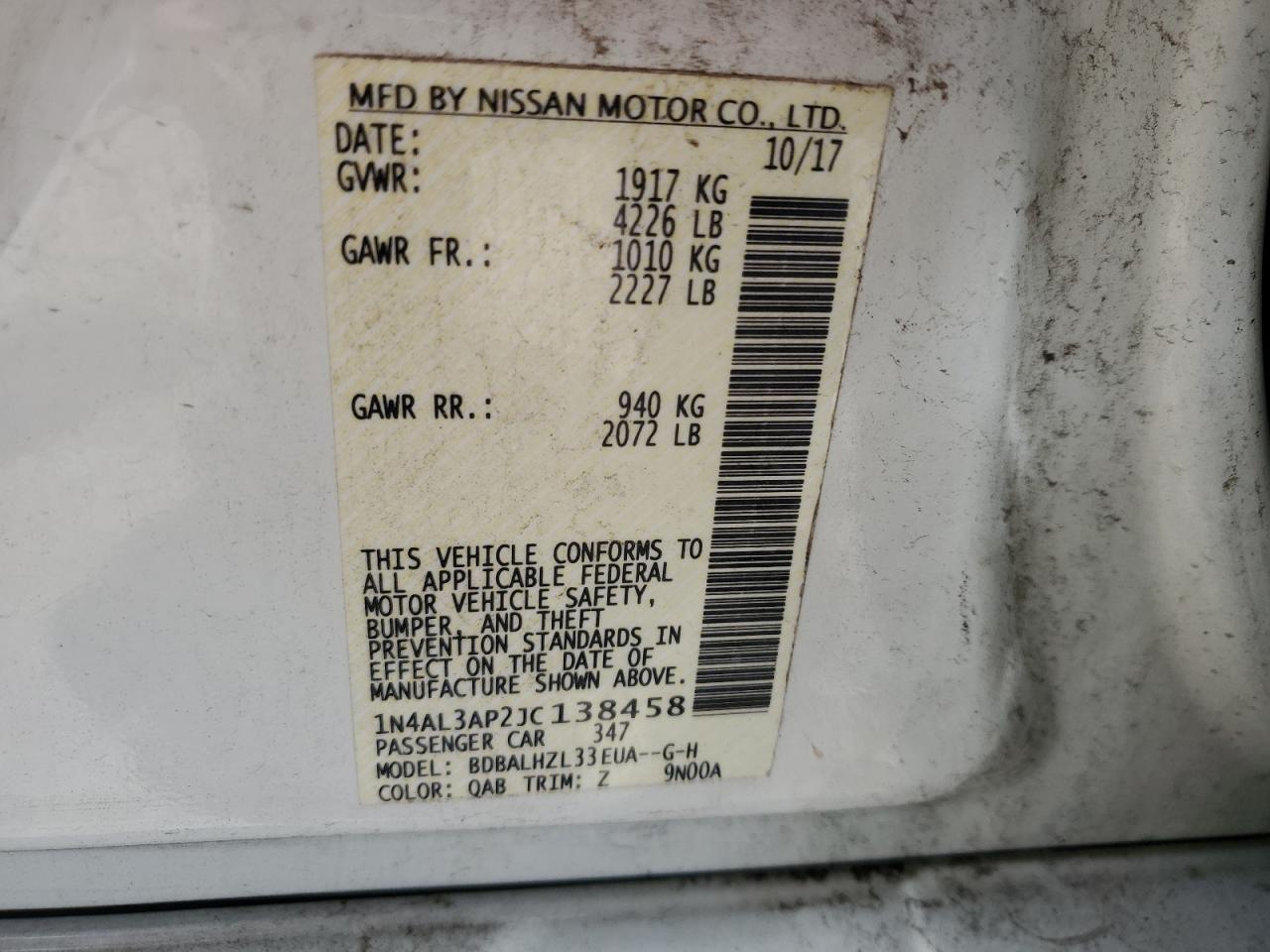2018 Nissan Altima 2.5 VIN: 1N4AL3AP2JC138458 Lot: 62180165
