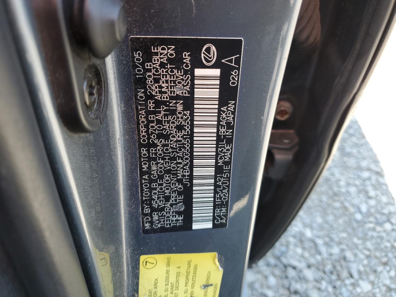 2006 Lexus Es 330 VIN: JTHBA30G565156534 Lot: 61084635