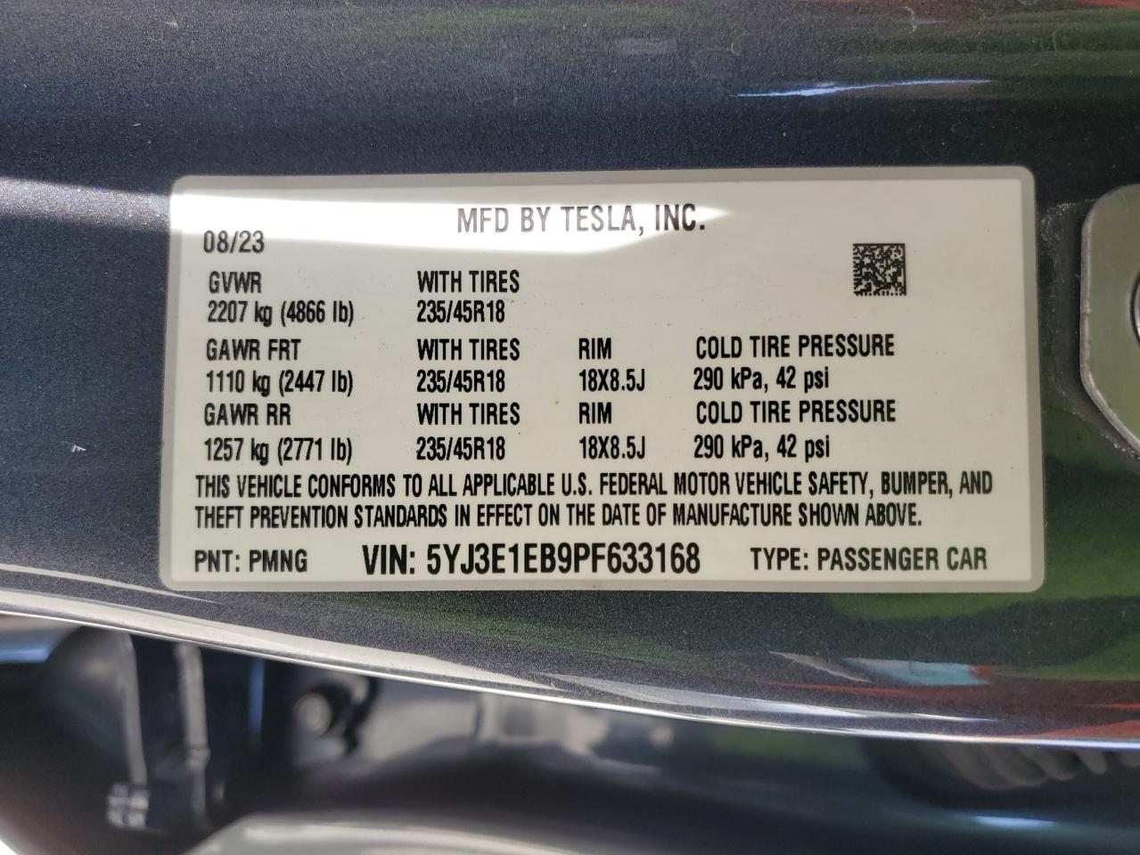 2023 Tesla Model 3 VIN: 5YJ3E1EB9PF633168 Lot: 61960895
