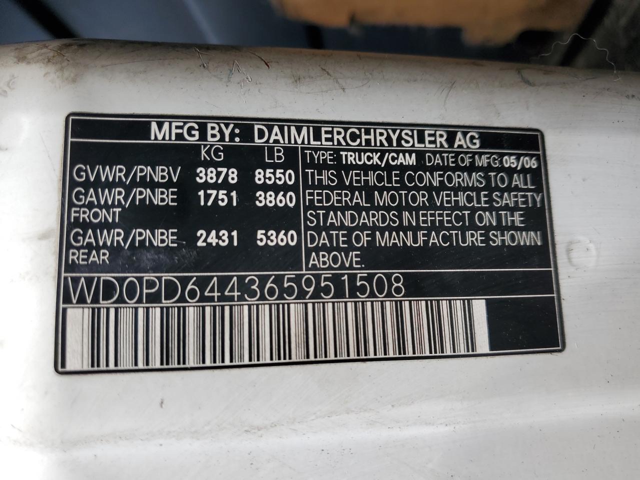 2006 Dodge Sprinter 2500 VIN: WD0PD644365951508 Lot: 61820635