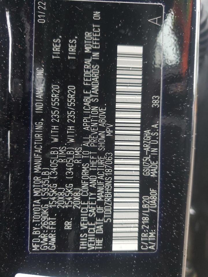 2022 Toyota Highlander Limited VIN: 5TDDZRBH9NS187063 Lot: 60908445