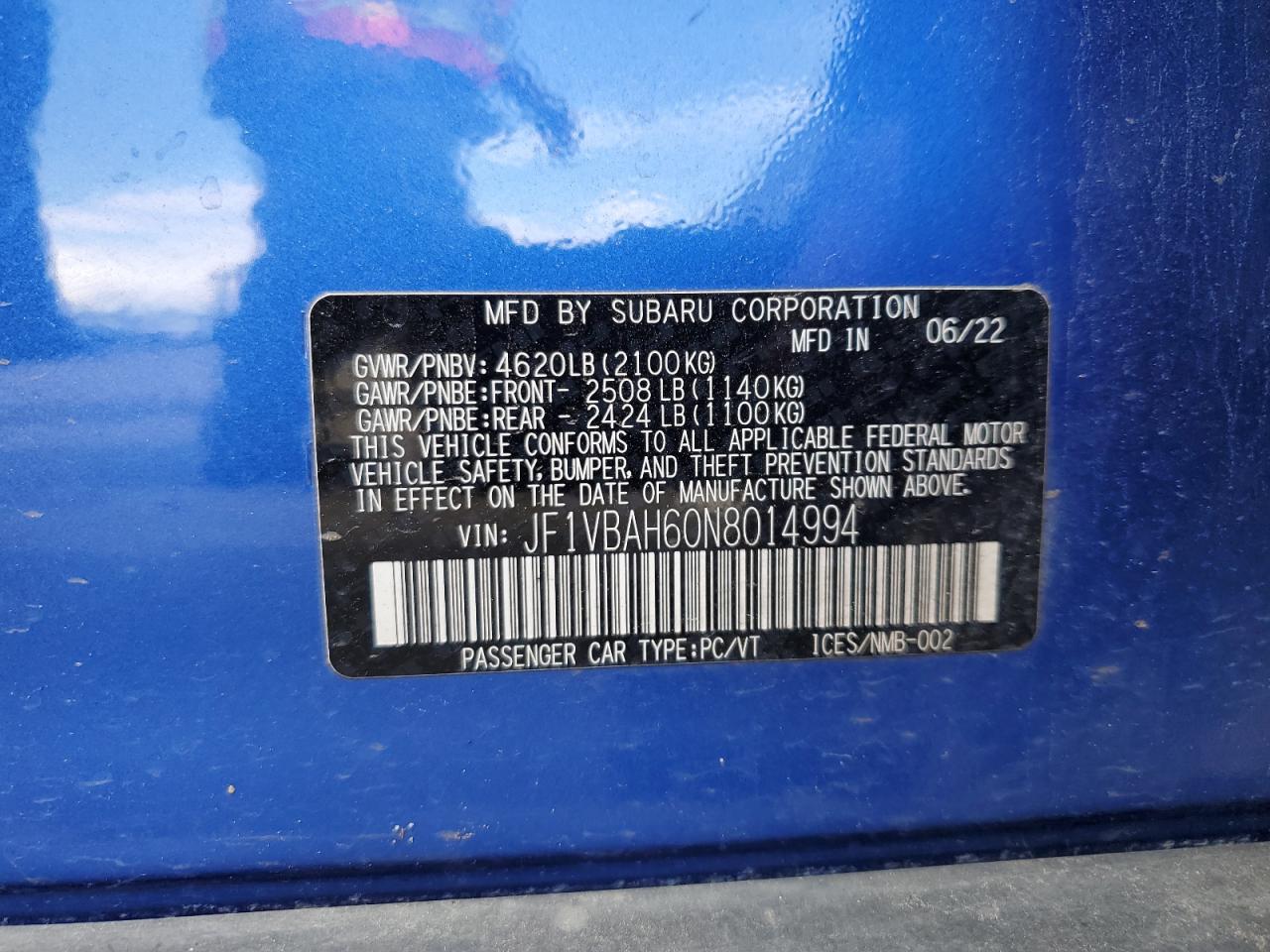 2022 Subaru Wrx Premium VIN: JF1VBAH60N8014994 Lot: 58999515