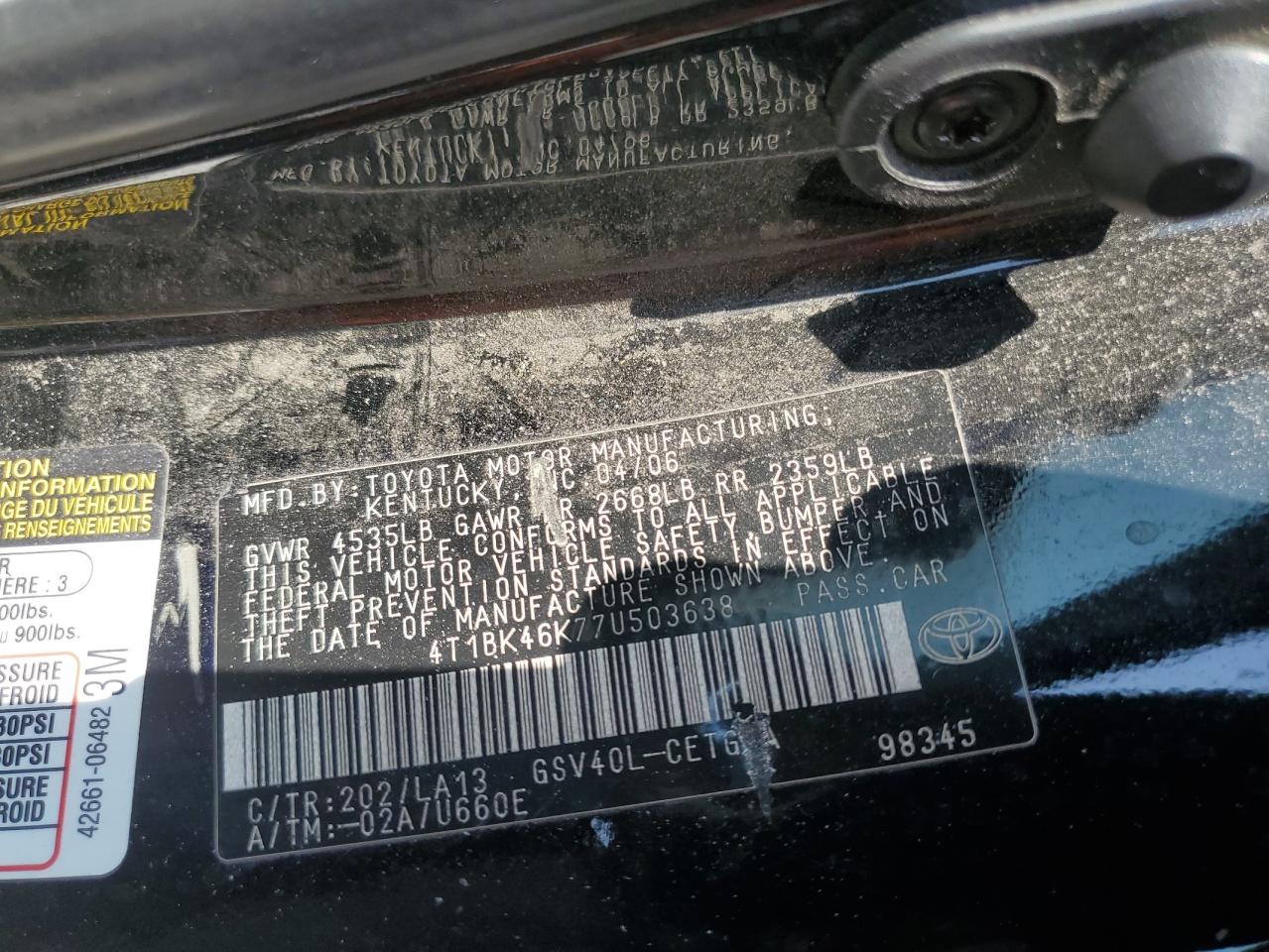 TOYOTA CAMRY 2007 VIN 4T1BK46K77U503638 фото 12