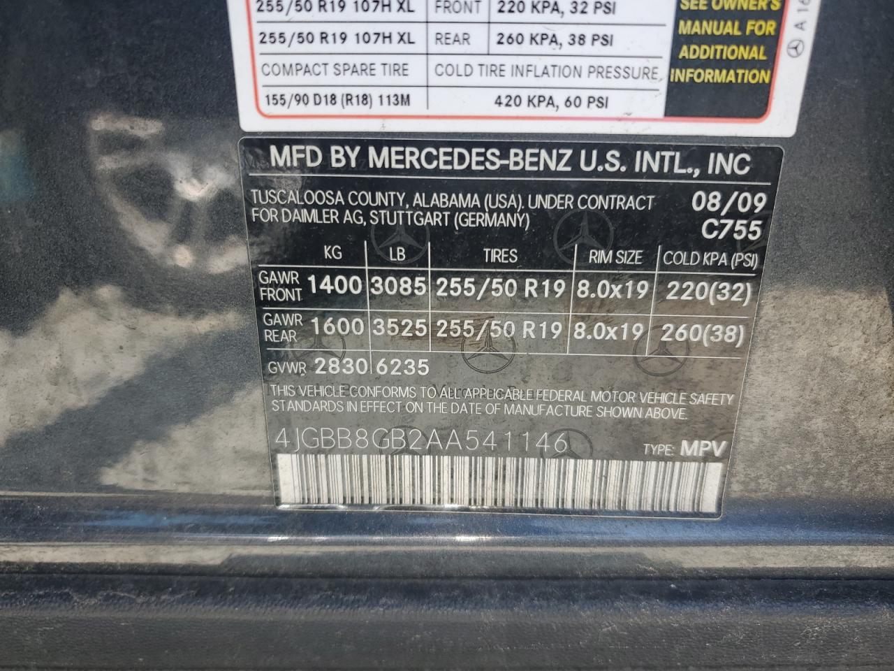 2010 Mercedes-Benz Ml 350 4Matic VIN: 4JGBB8GB2AA541146 Lot: 59514565