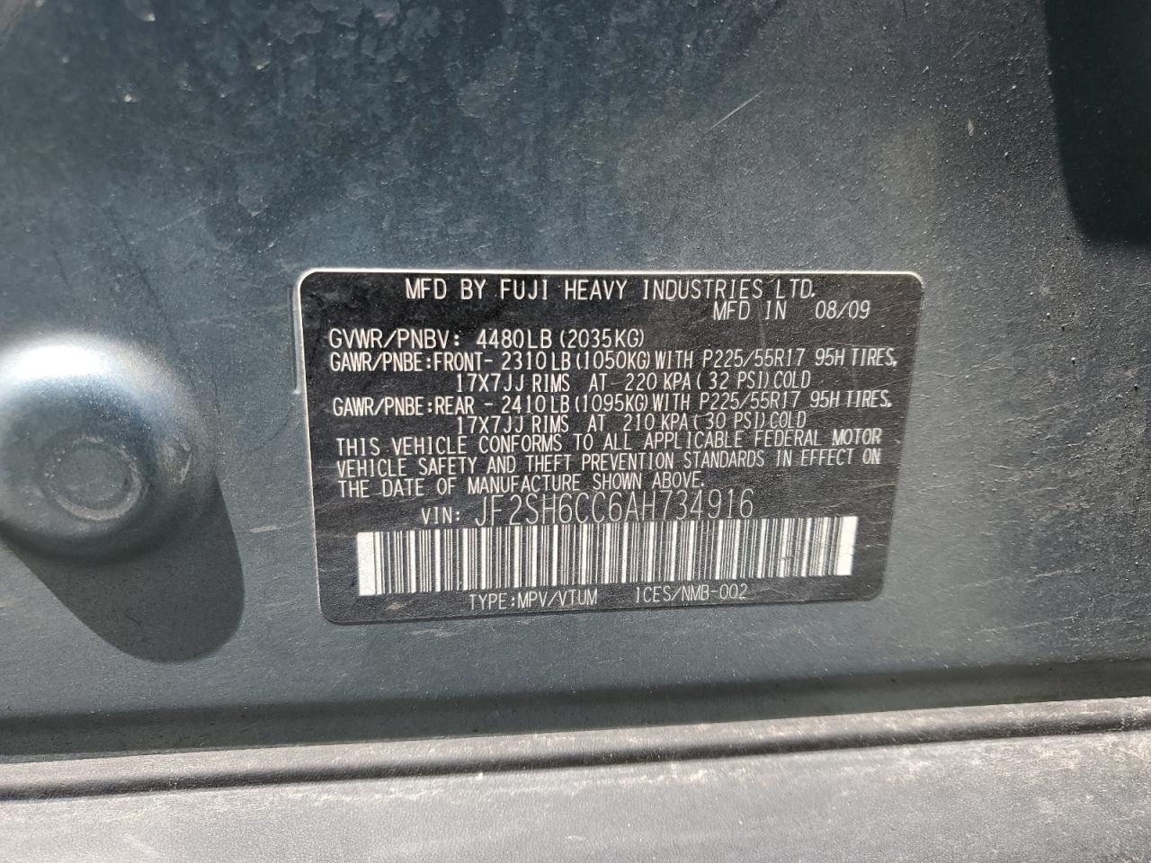 2010 Subaru Forester 2.5X Premium VIN: JF2SH6CC6AH734916 Lot: 62100325
