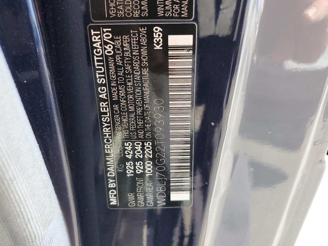 2002 Mercedes-Benz Clk 430 VIN: WDBLJ70G22T093930 Lot: 61602145