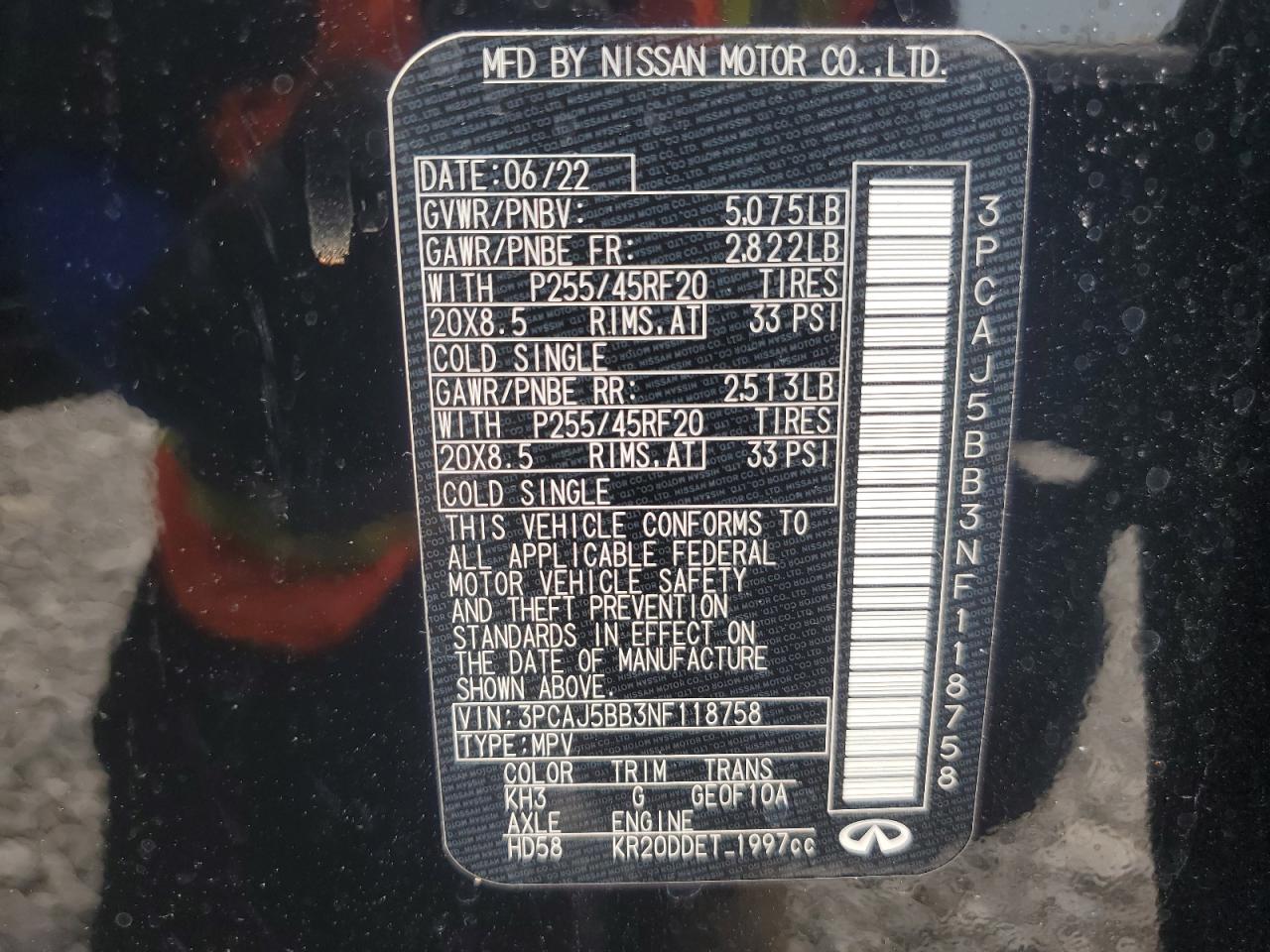 2022 Infiniti Qx50 Luxe VIN: 3PCAJ5BB3NF118758 Lot: 62180695