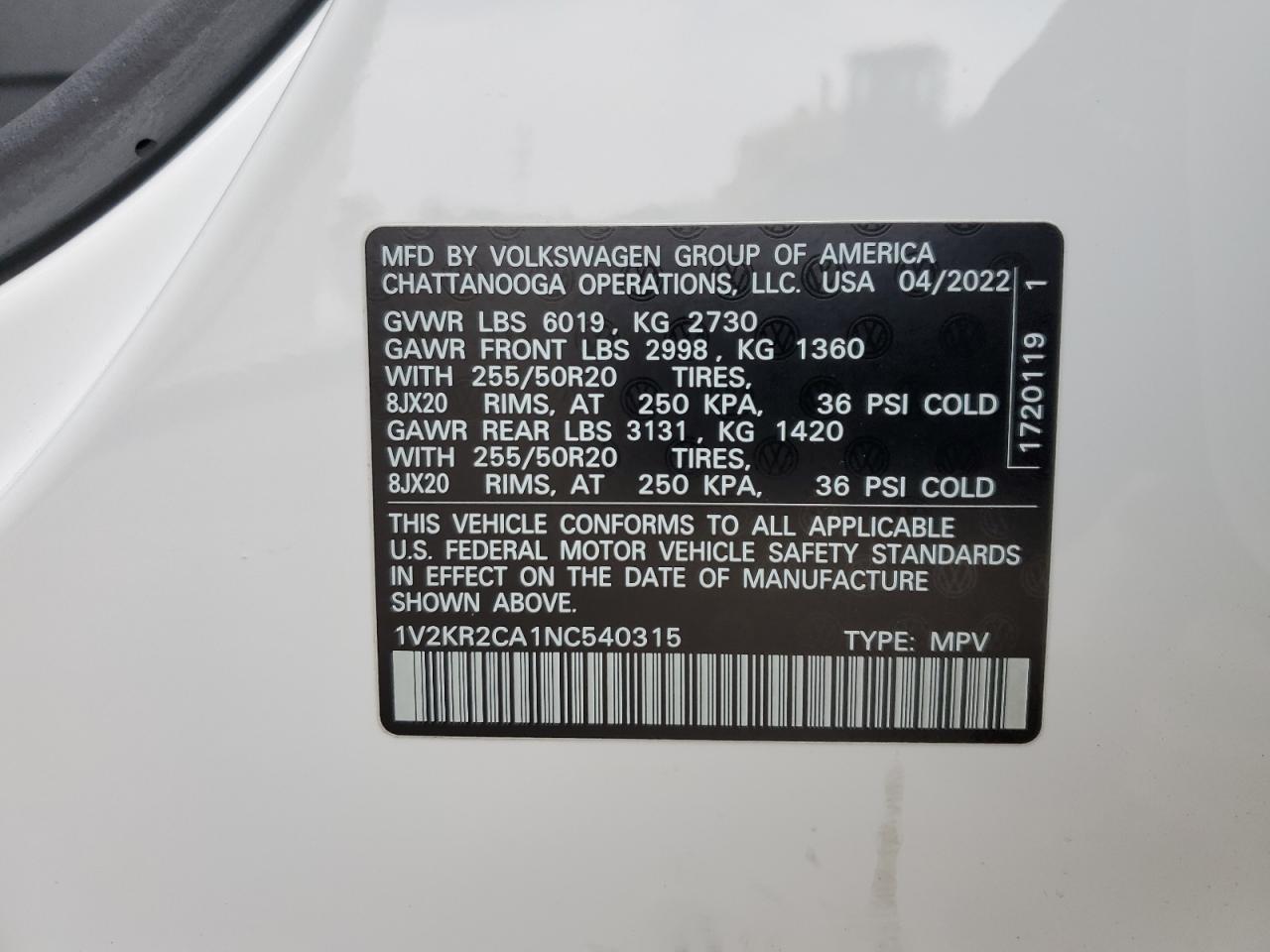 2022 Volkswagen Atlas Se VIN: 1V2KR2CA1NC540315 Lot: 59367355
