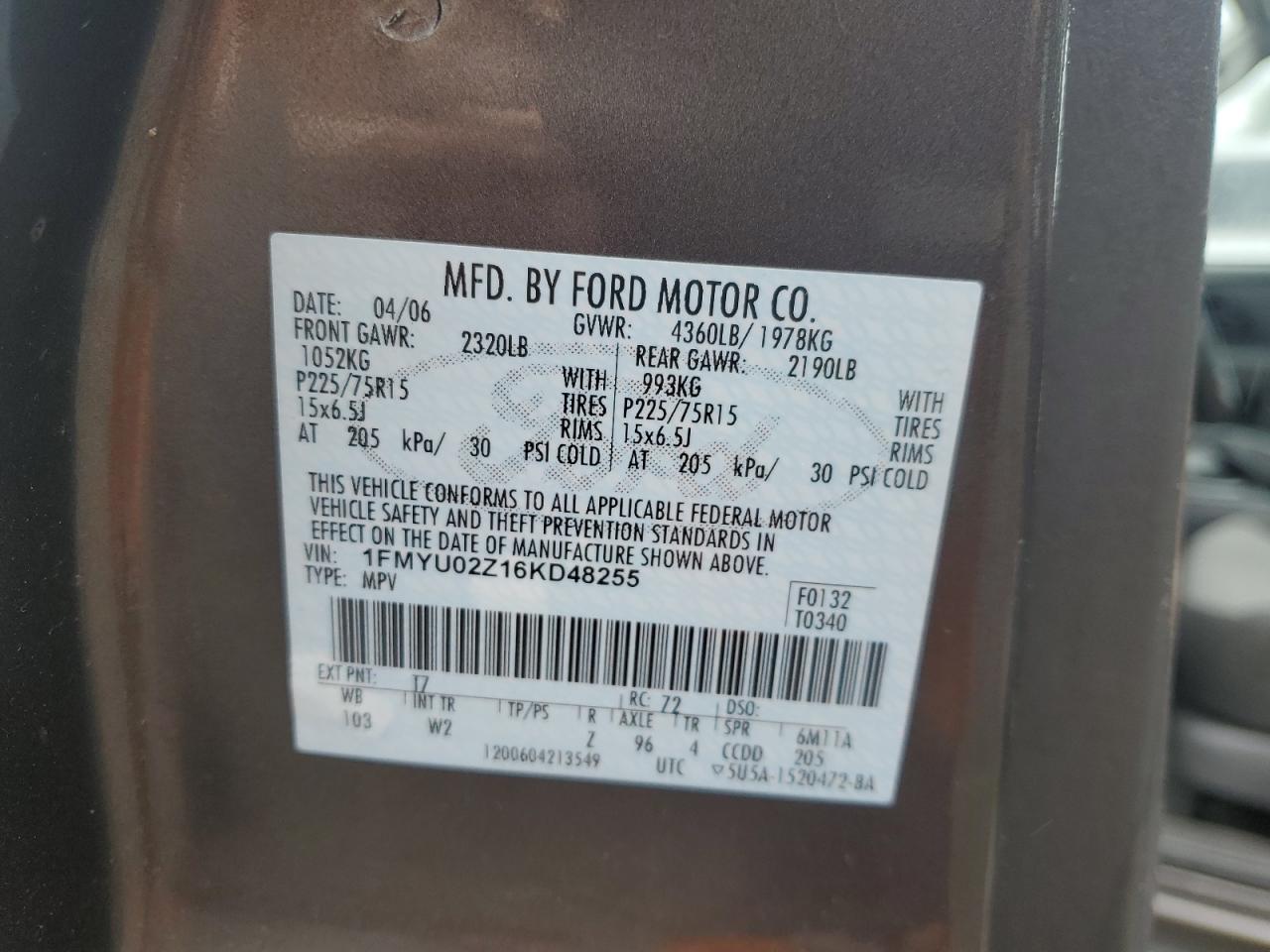 2006 Ford Escape Xls VIN: 1FMYU02Z16KD48255 Lot: 62001095