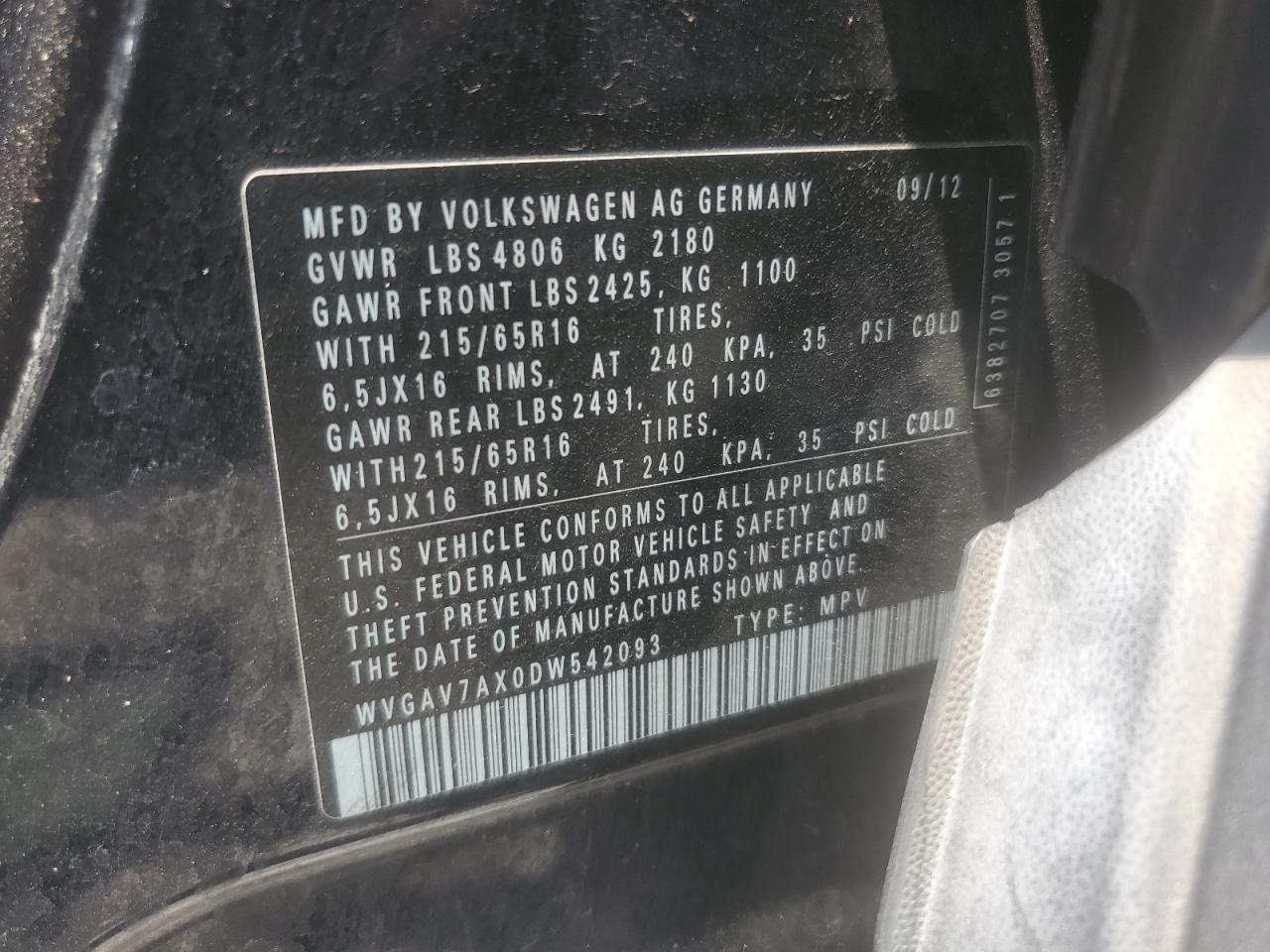2013 Volkswagen Tiguan S VIN: WVGAV7AX0DW542093 Lot: 62580175