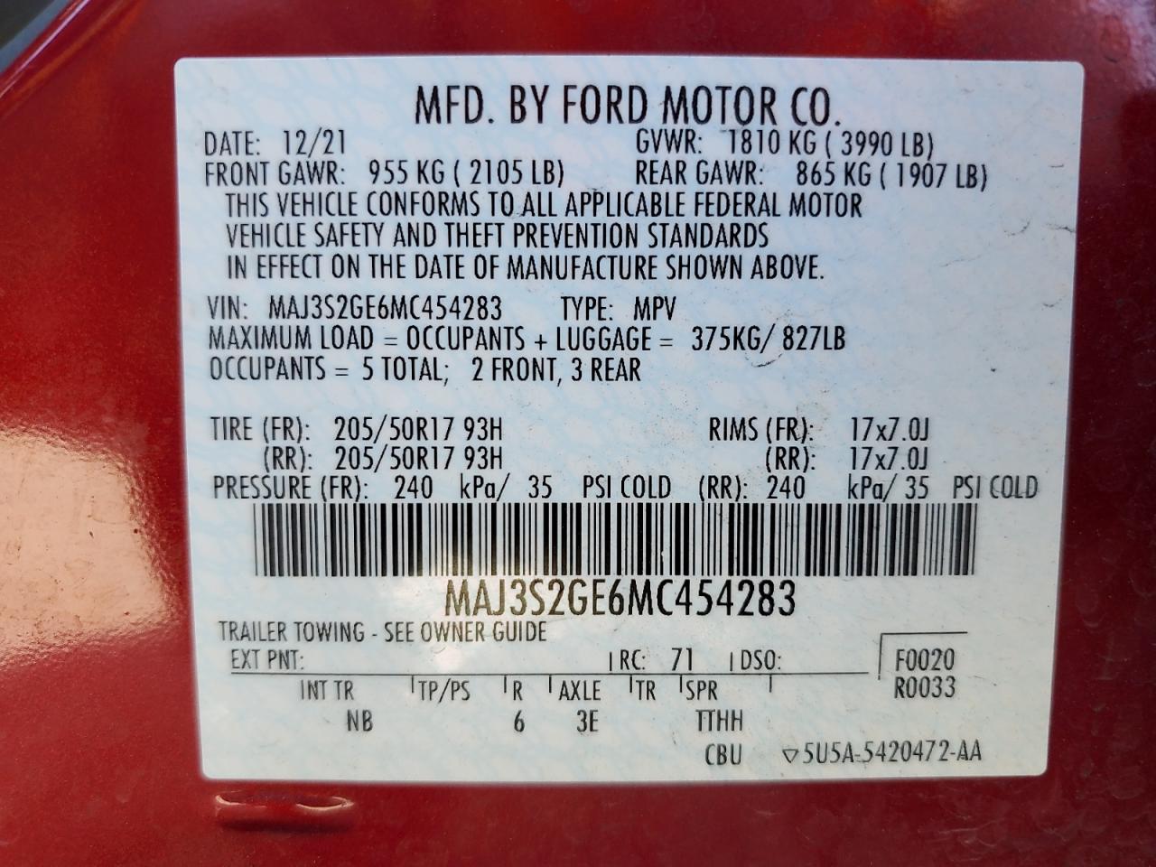 2021 Ford Ecosport Se VIN: MAJ3S2GE6MC454283 Lot: 62180755