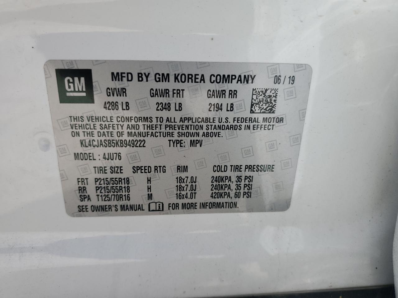 2019 Buick Encore Preferred VIN: KL4CJASB5KB949222 Lot: 59790315
