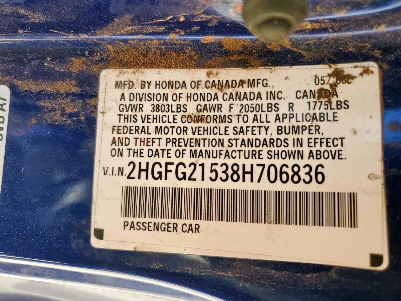 2008 Honda Civic Si VIN: 2HGFG21538H706836 Lot: 61823435