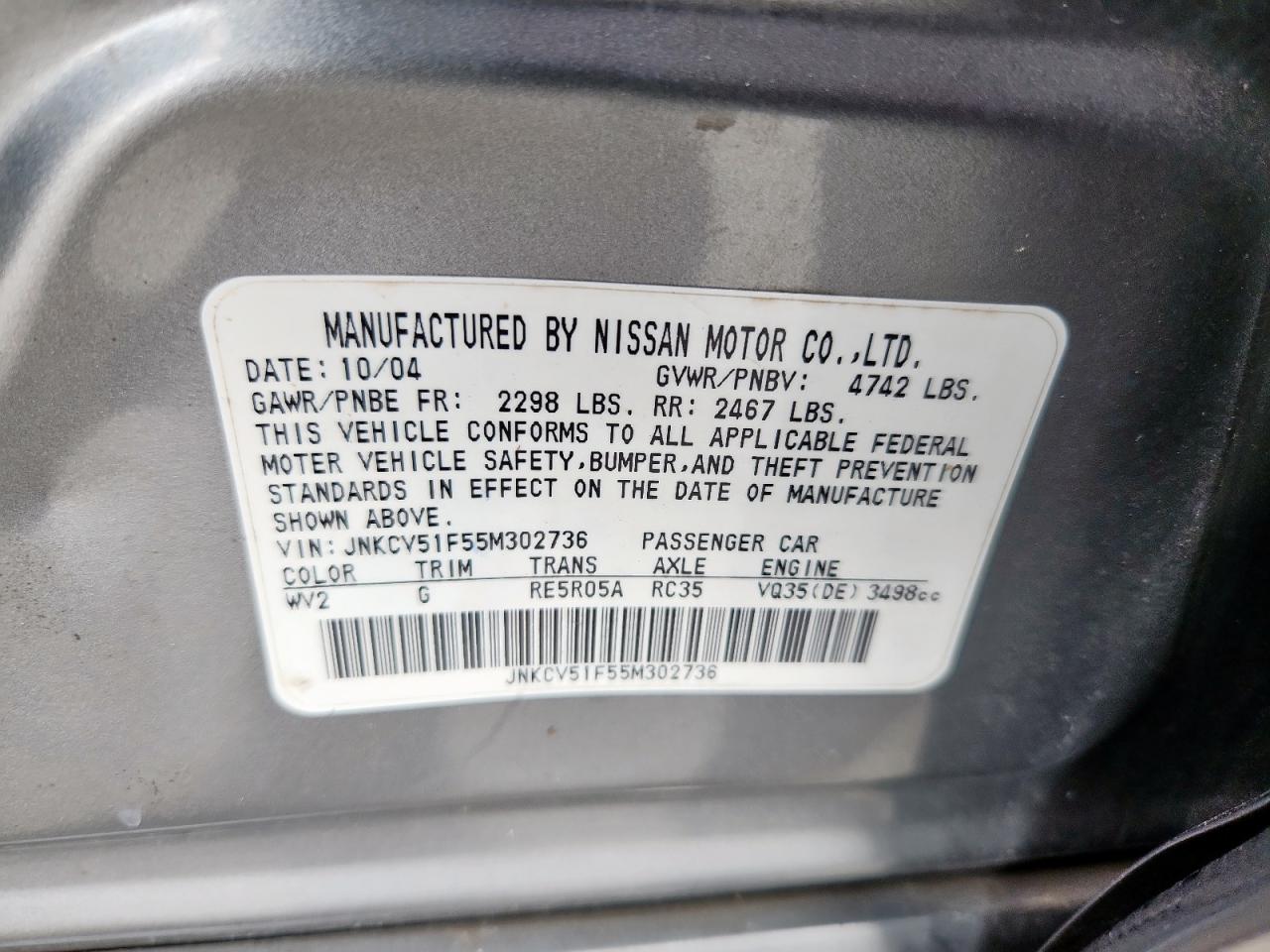 2005 Infiniti G35 VIN: JNKCV51F55M302736 Lot: 62109345