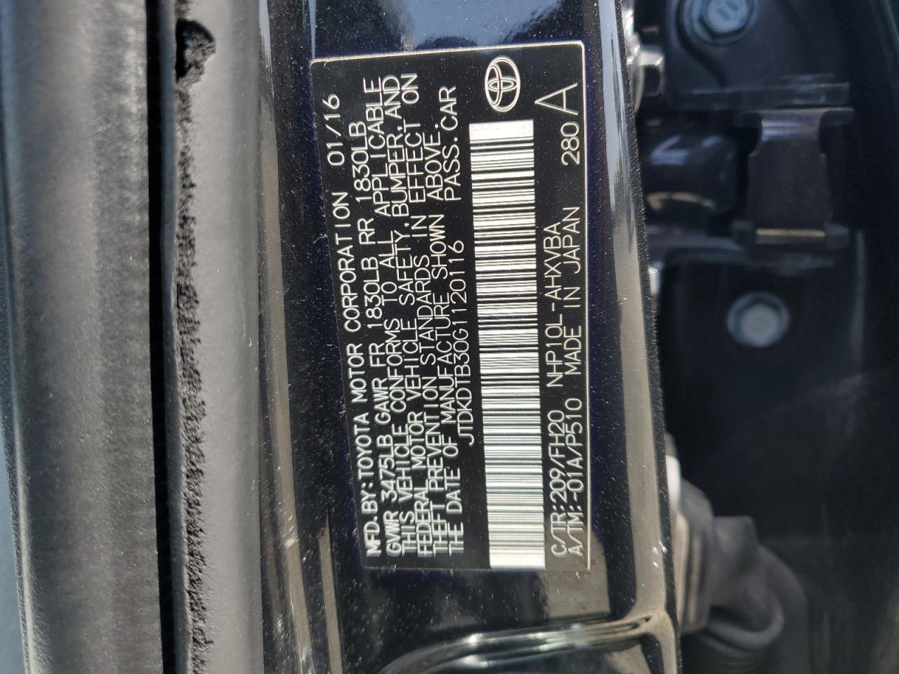 2016 Toyota Prius C VIN: JTDKDTB30G1120116 Lot: 60737495