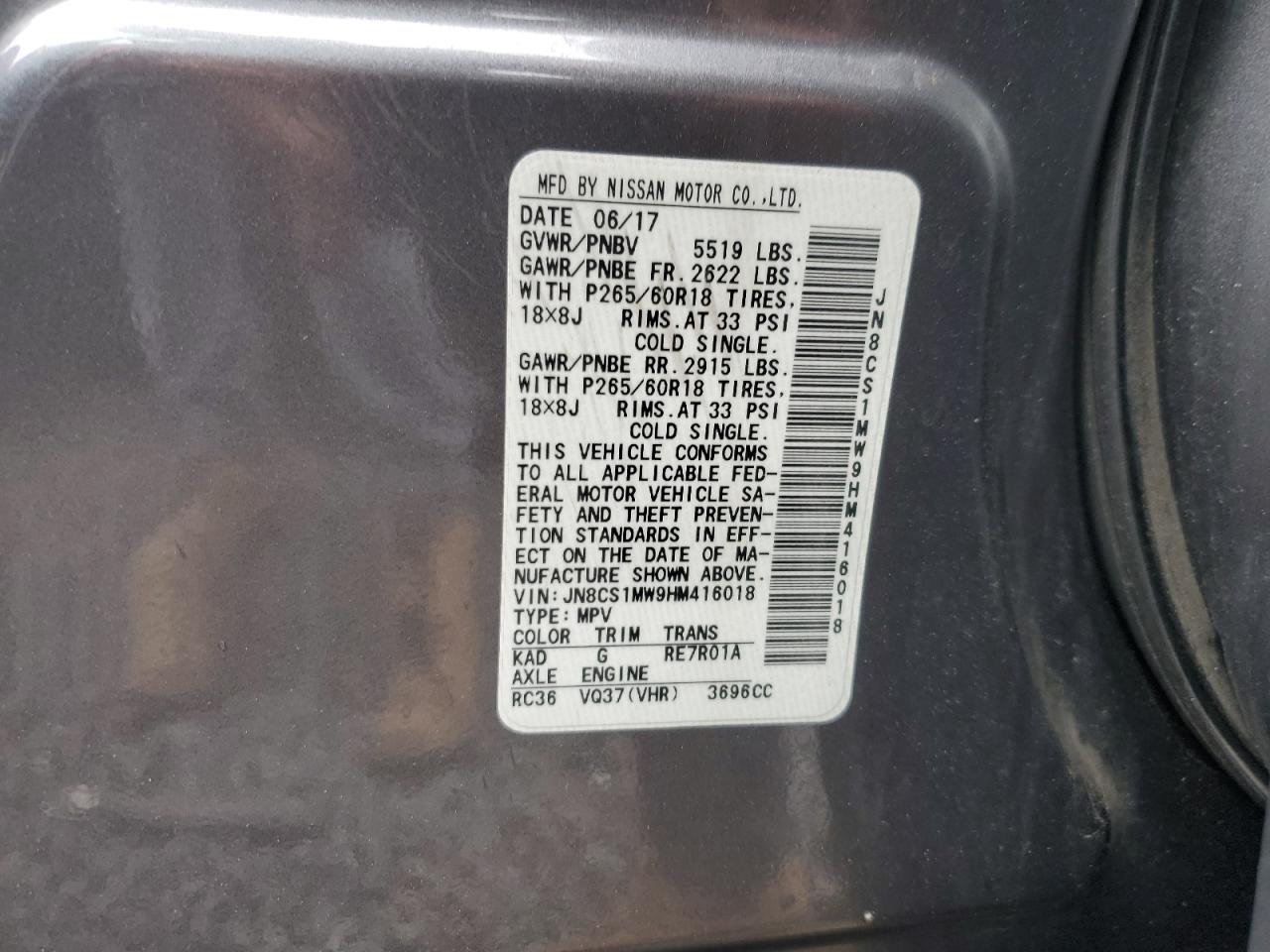 2017 Infiniti Qx70 VIN: JN8CS1MW9HM416018 Lot: 60274225