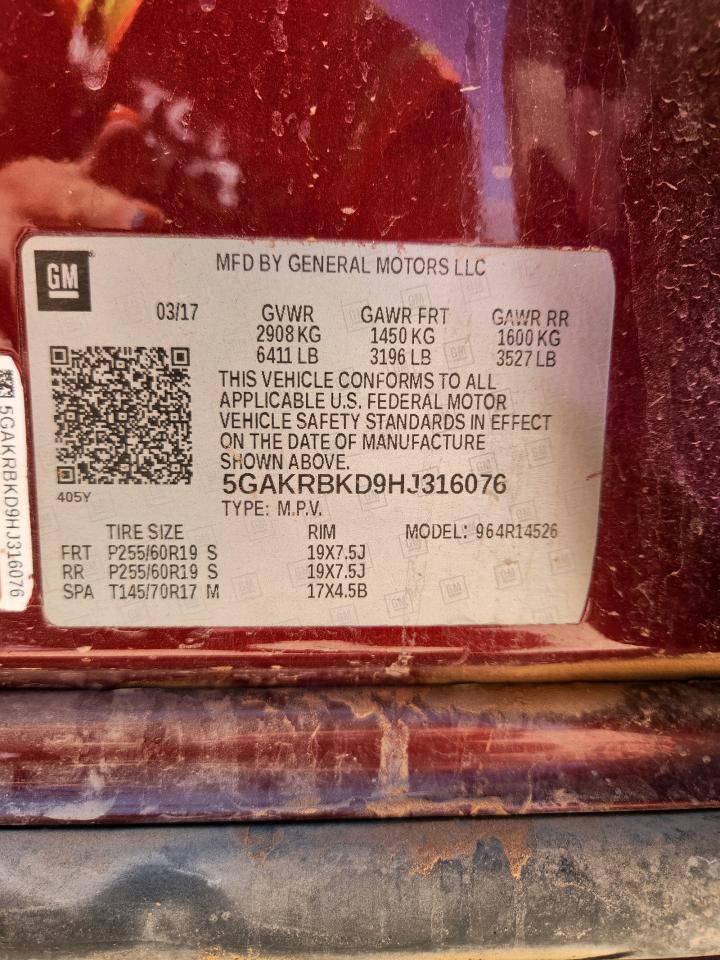 2017 Buick Enclave VIN: 5GAKRBKD9HJ316076 Lot: 62525965