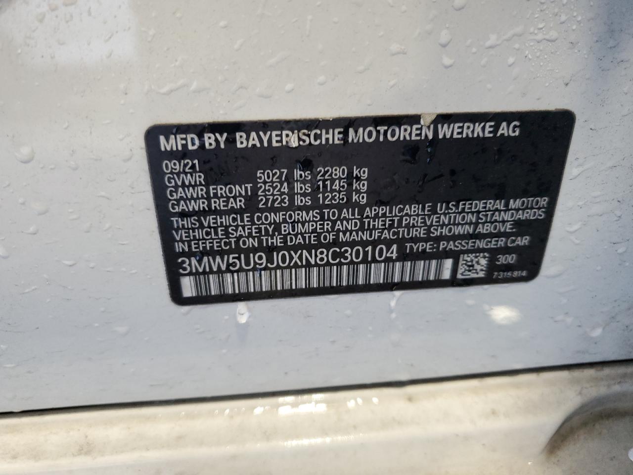 2022 BMW M340Xi VIN: 3MW5U9J0XN8C30104 Lot: 60816055