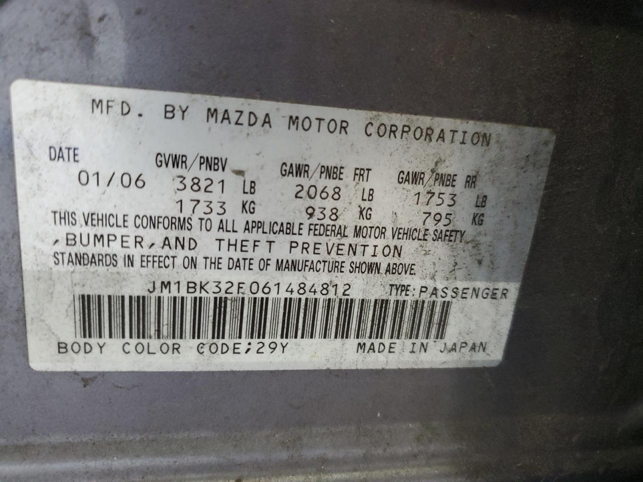 2006 Mazda 3 I VIN: JM1BK32F061484812 Lot: 60358155