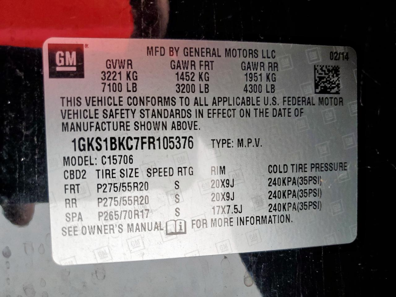 2015 GMC Yukon Slt VIN: 1GKS1BKC7FR105376 Lot: 62534165