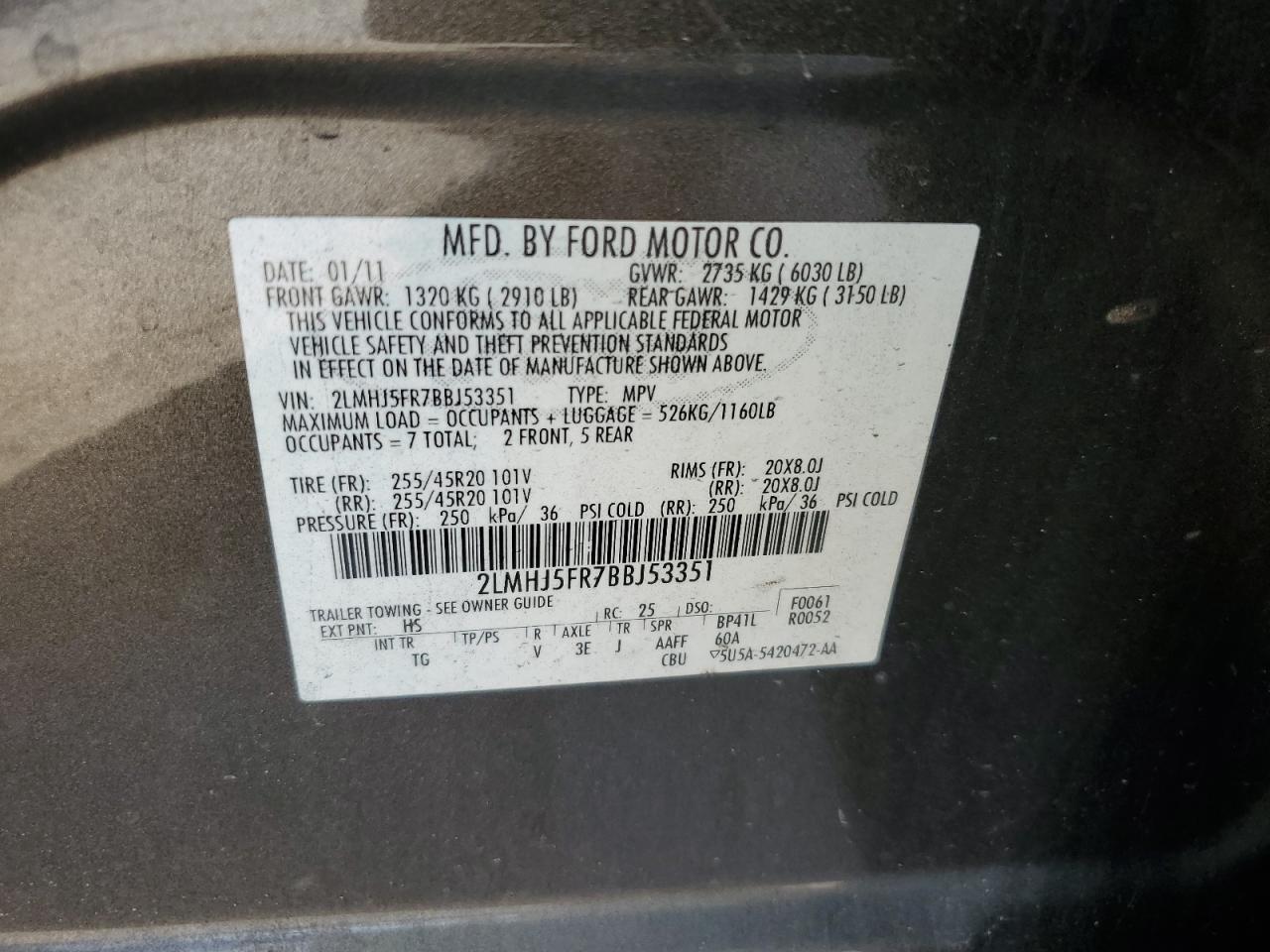 2011 Lincoln Mkt VIN: 2LMHJ5FR7BBJ53351 Lot: 60541125