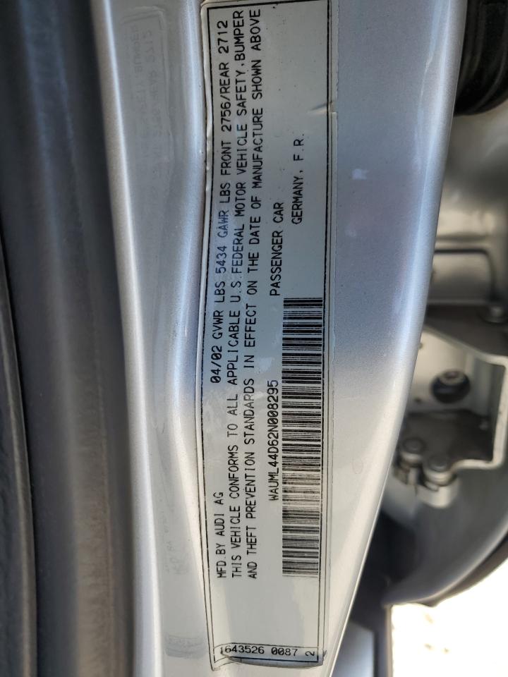 2002 Audi A8 L Quattro VIN: WAUML44D62N008295 Lot: 61276095