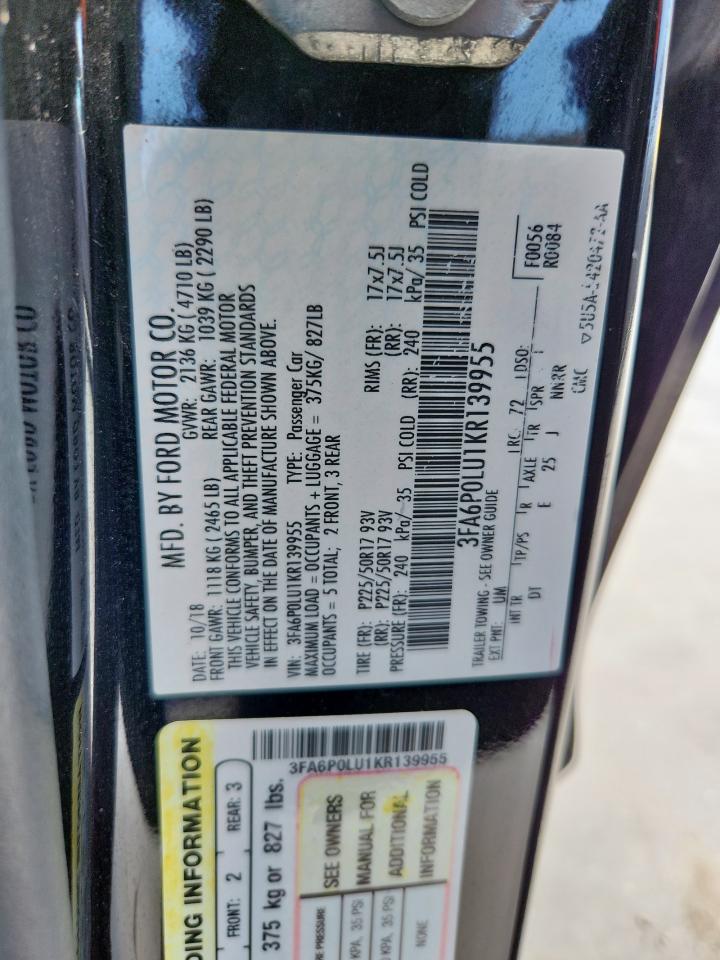 2019 Ford Fusion Se VIN: 3FA6P0LU1KR139955 Lot: 62146325