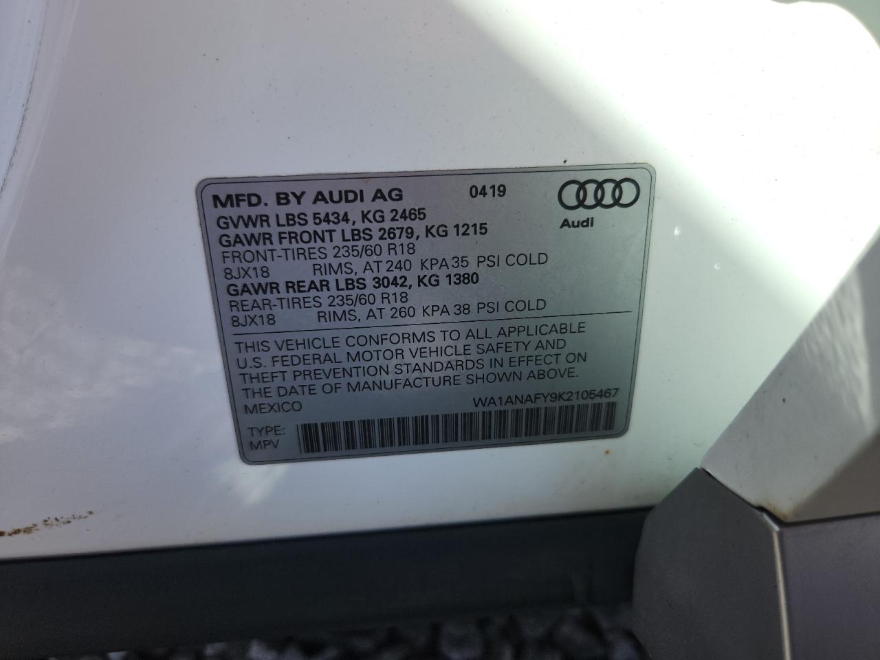 2019 Audi Q5 Premium VIN: WA1ANAFY9K2105467 Lot: 61997975