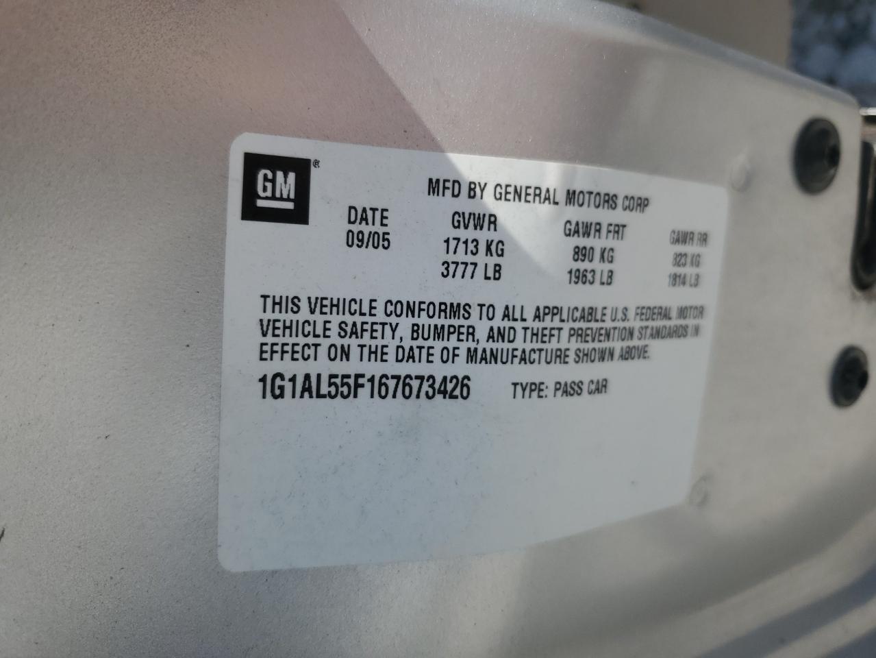 2006 Chevrolet Cobalt Lt VIN: 1G1AL55F167673426 Lot: 62380265