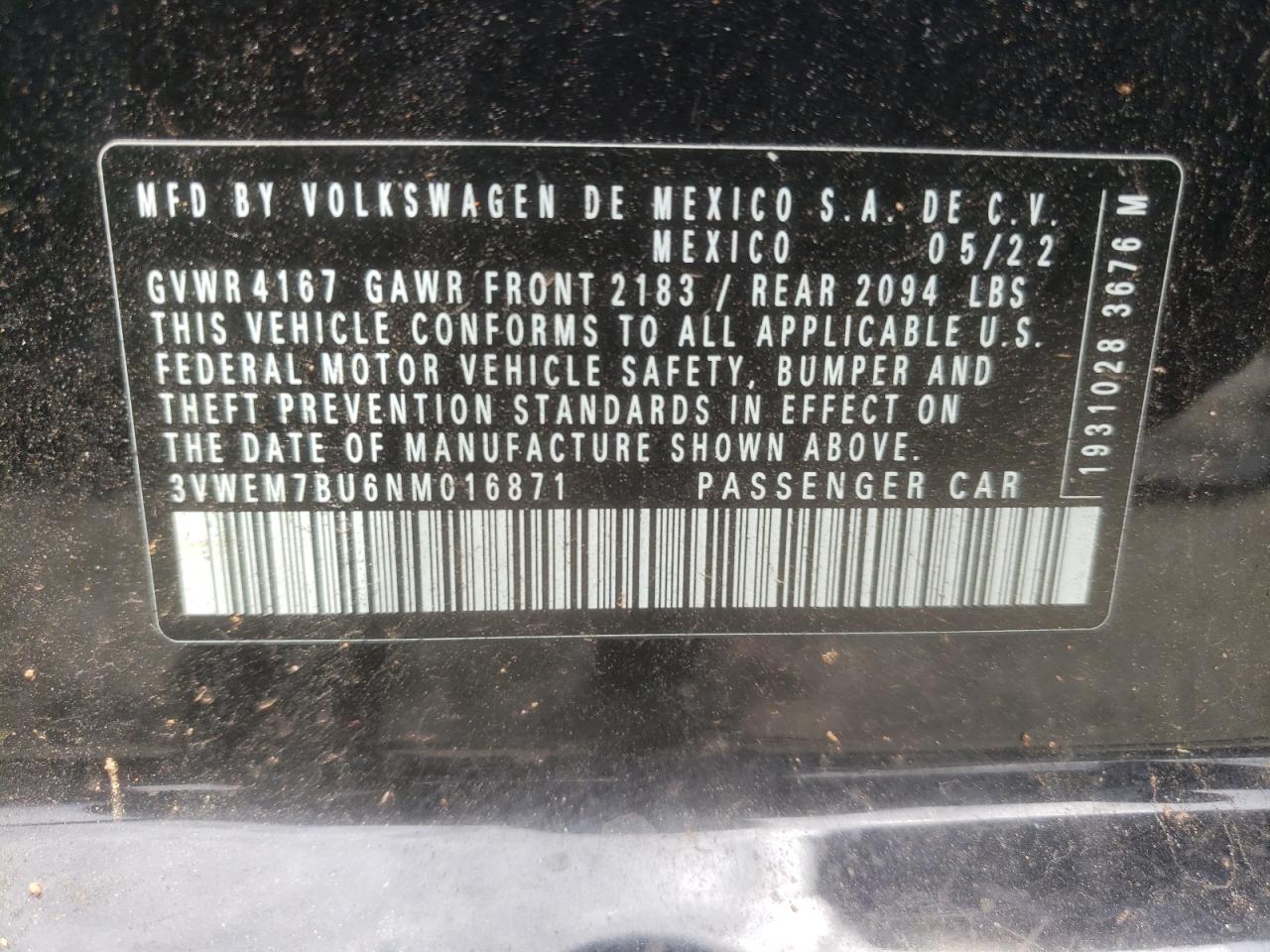 2022 Volkswagen Jetta Se VIN: 3VWEM7BU6NM016871 Lot: 59865775