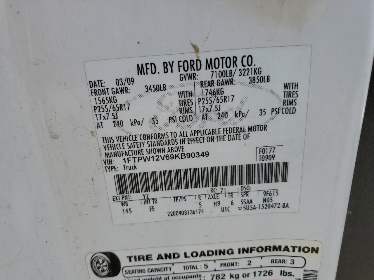 2009 Ford F150 Supercrew VIN: 1FTPW12V69KB90349 Lot: 84899725