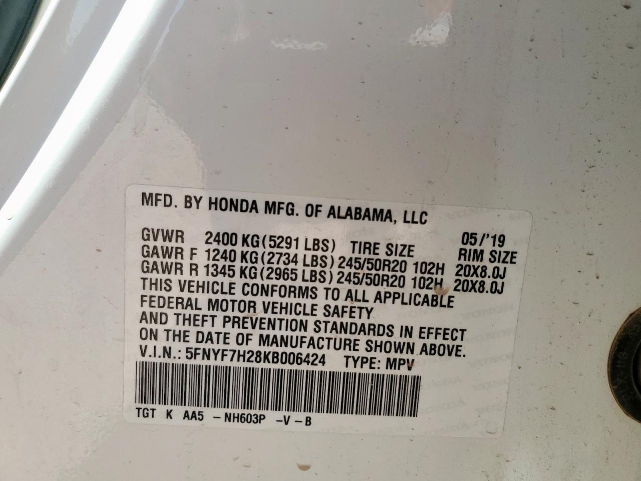 2019 Honda Passport Sport VIN: 5FNYF7H28KB006424 Lot: 62195485