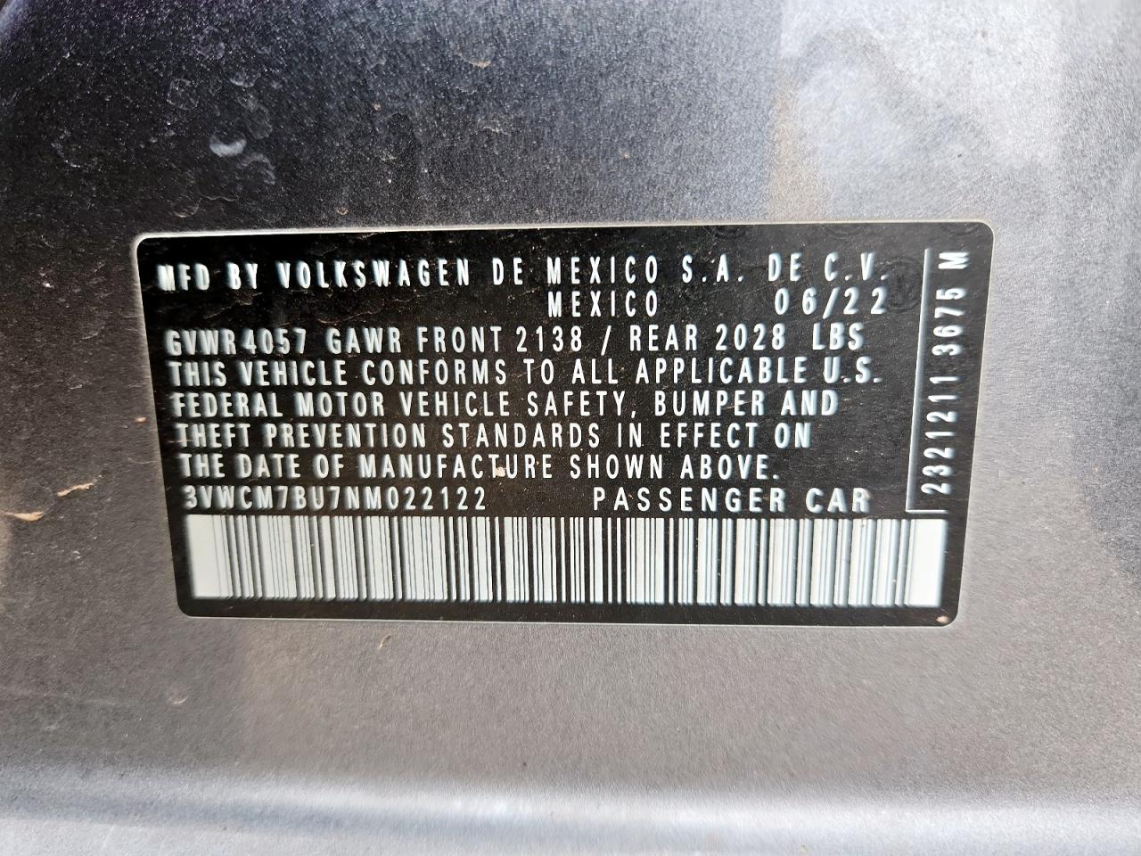 2022 Volkswagen Jetta S VIN: 3VWCM7BU7NM022122 Lot: 62805105