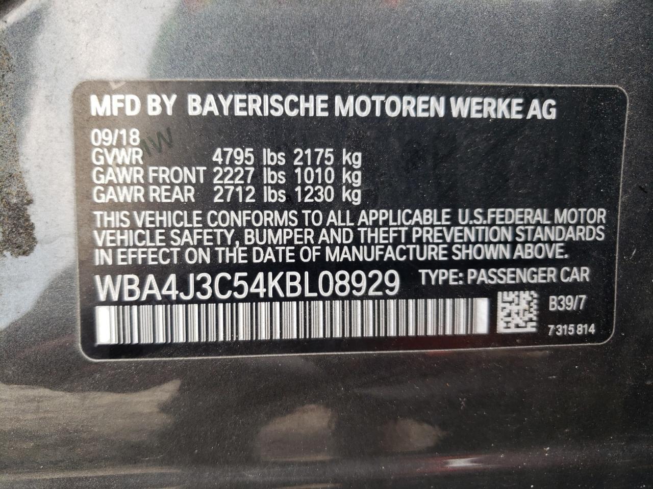 2019 BMW 430Xi Gran Coupe VIN: WBA4J3C54KBL08929 Lot: 60608795