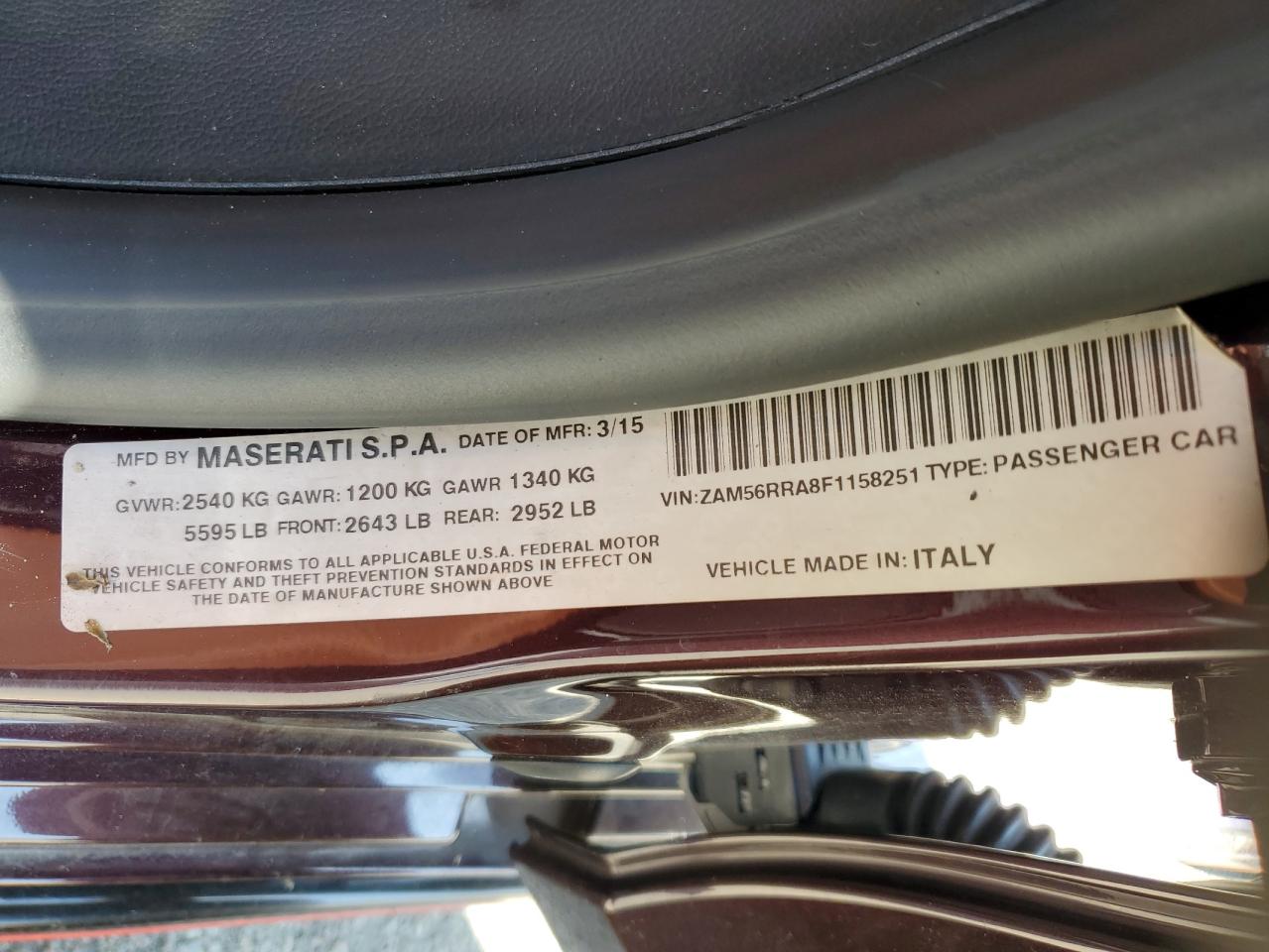 2015 Maserati Quattroporte S VIN: ZAM56RRA8F1158251 Lot: 62016565