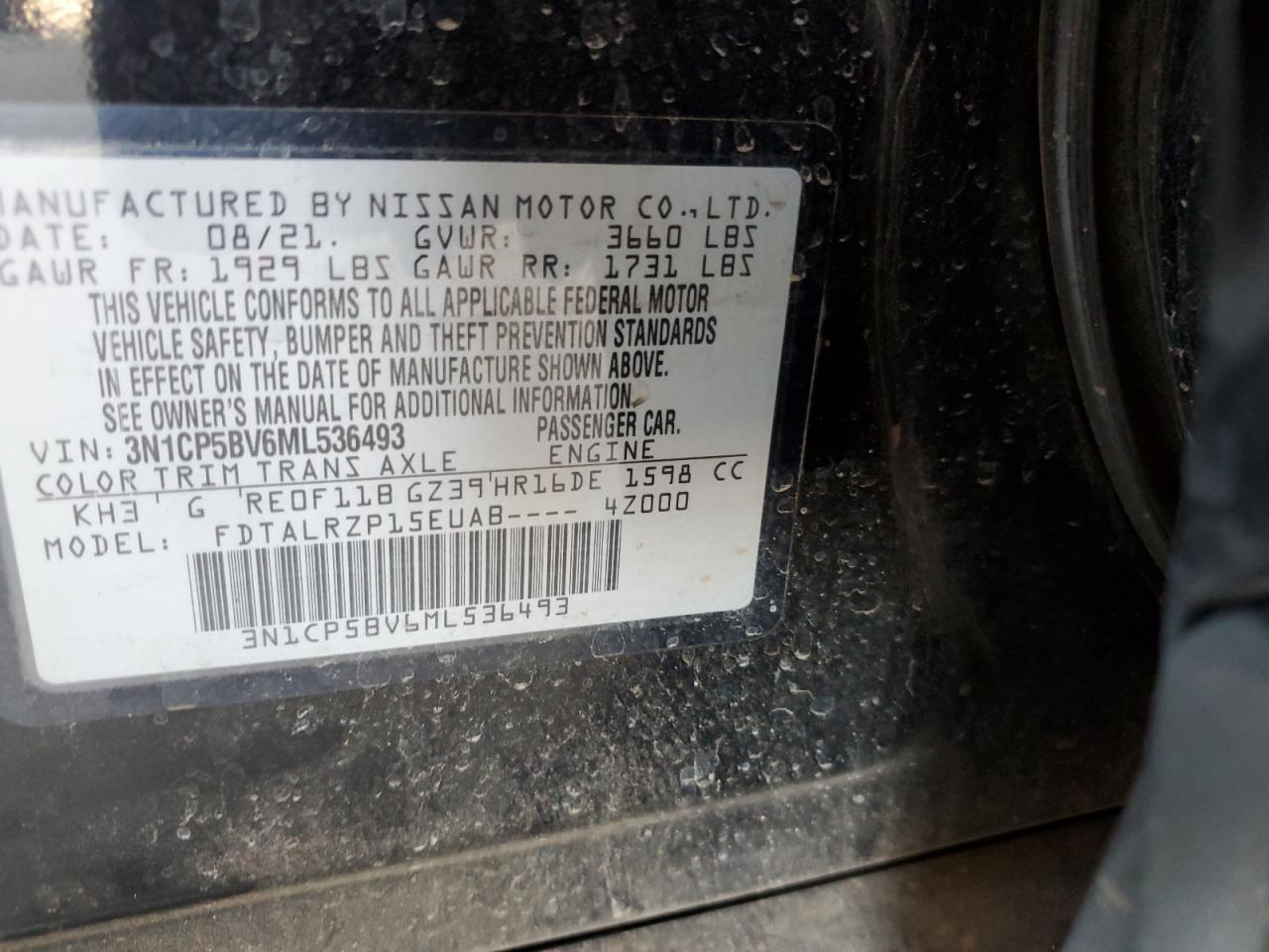 2021 Nissan Kicks S VIN: 3N1CP5BV6ML536493 Lot: 63058755