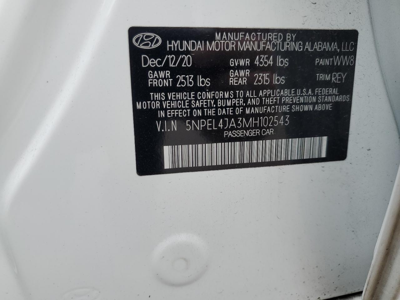 2021 Hyundai Sonata Sel VIN: 5NPEL4JA3MH102543 Lot: 62507425