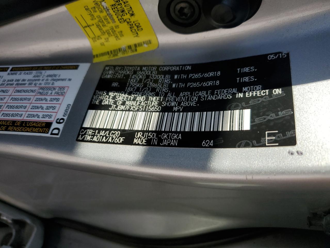 2015 Lexus Gx 460 VIN: JTJBM7FX5F5115650 Lot: 61626325