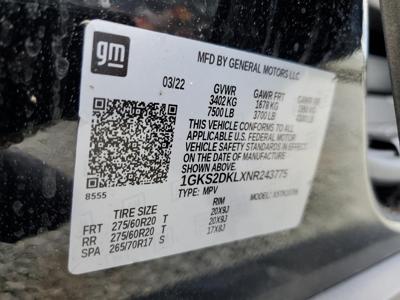 2022 GMC Yukon Denali VIN: 1GKS2DKLXNR243775 Lot: 61527605