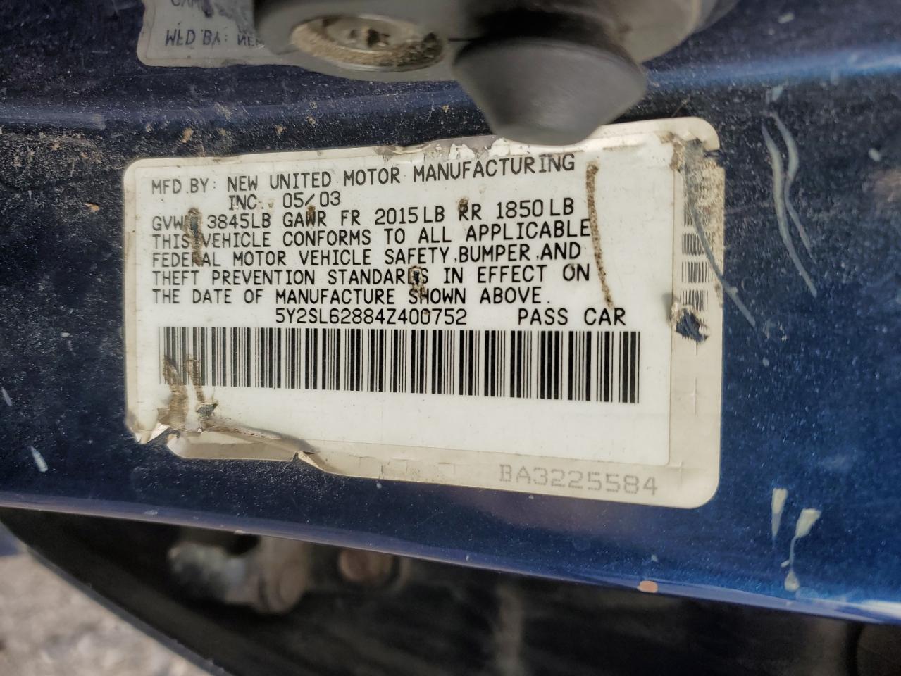 2004 Pontiac Vibe VIN: 5Y2SL62884Z400752 Lot: 62574965