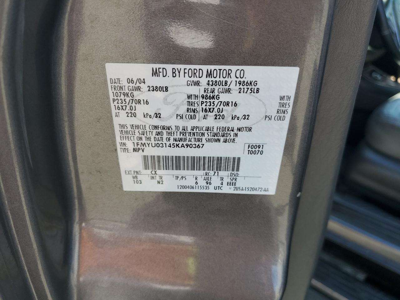 2005 Ford Escape Xlt VIN: 1FMYU03145KA90367 Lot: 60937015