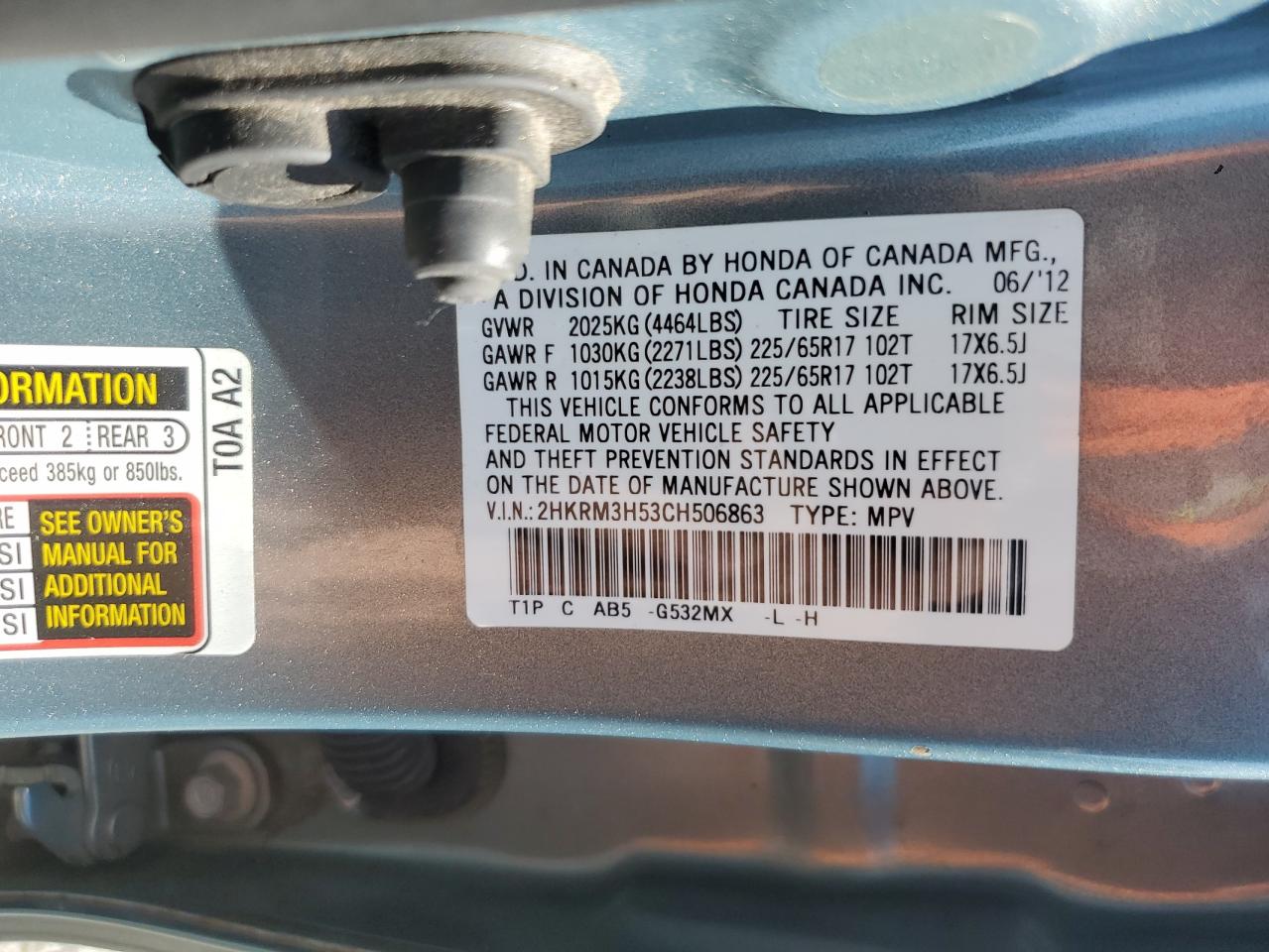 2012 Honda Cr-V Ex VIN: 2HKRM3H53CH506863 Lot: 61585225