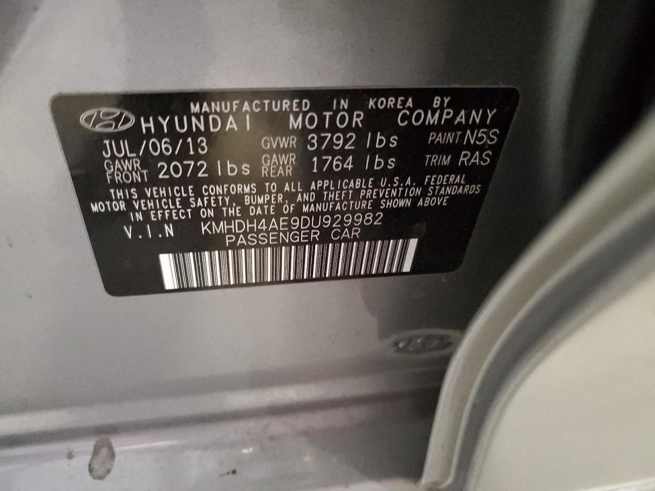 2013 Hyundai Elantra Gls VIN: KMHDH4AE9DU929982 Lot: 60419925